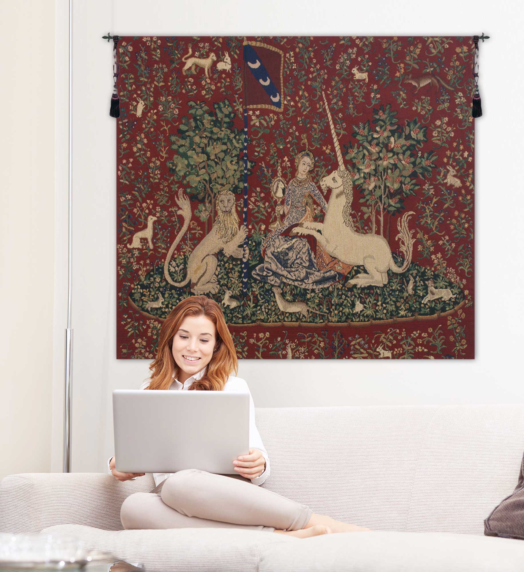 Medieval Lady & the Mirror Vintage Tapestry Wall Hanging 33 x 38 in French Unicorn Series Wall Decor