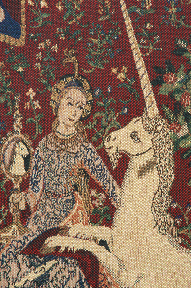 Medieval Lady and the Mirror Vintage Tapestry Wall Hanging 34 x 44 in French Unicorn Series Wall Decor