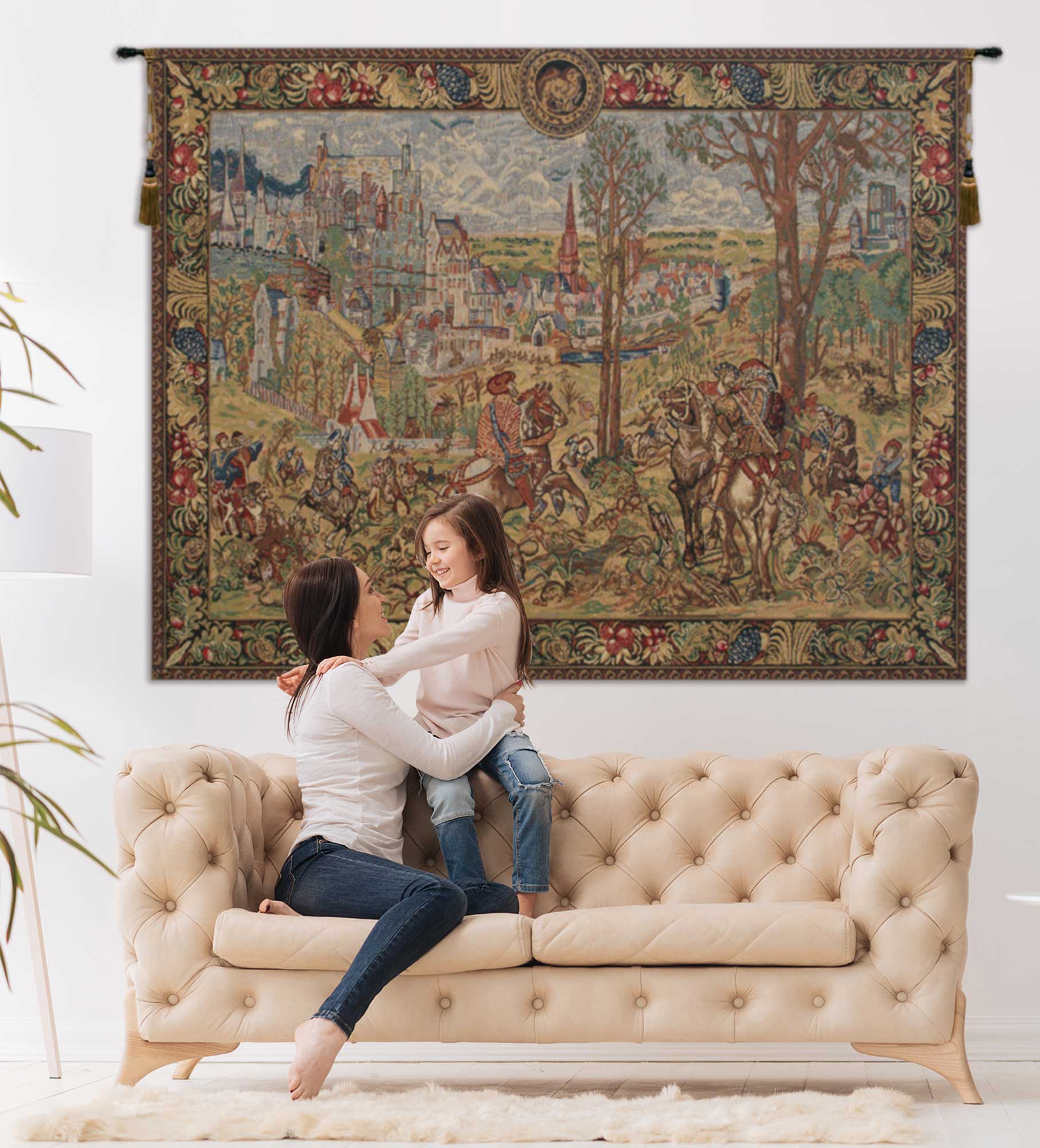 Vieux Brussels Vintage Tapestry Wall Hanging 33 x 43 in Belgian Cityscape Jacquard Woven European Wall Decor