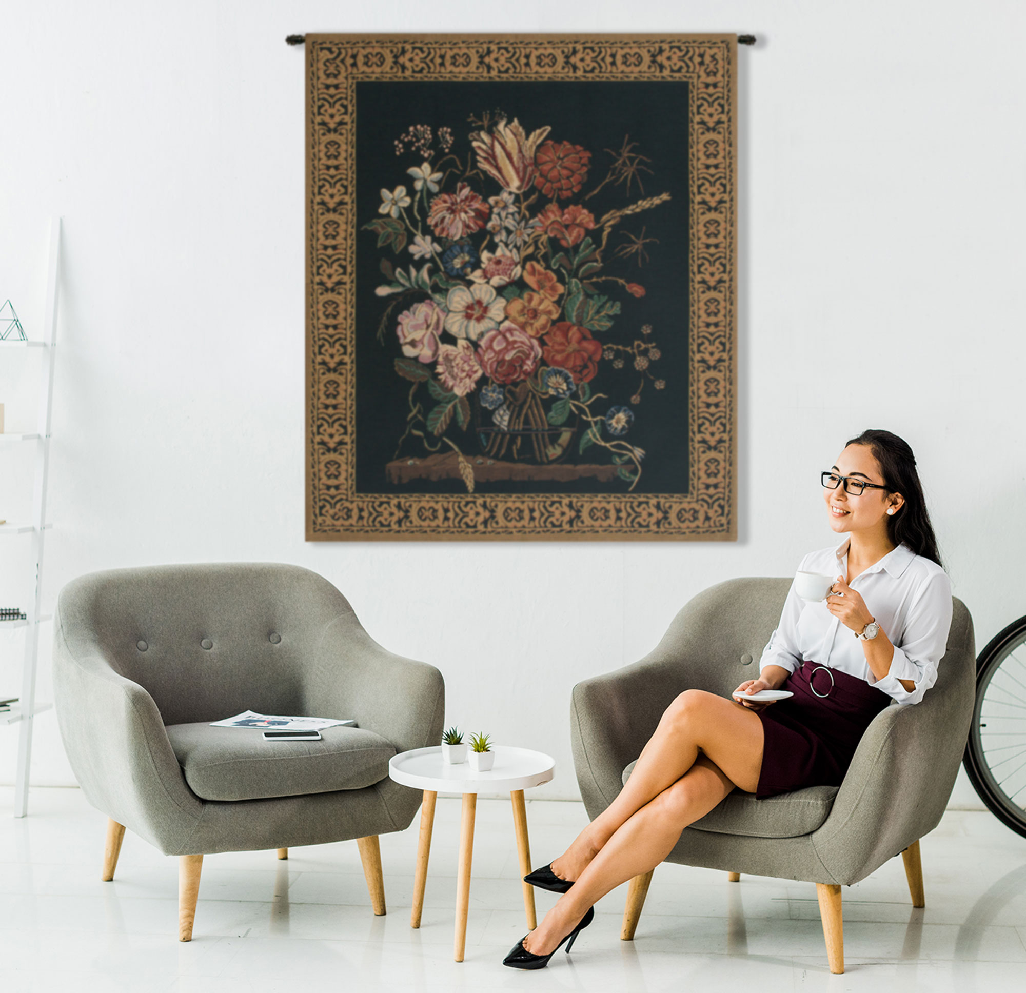 Nicolaes Van Verendael Bouquet Decorative Tapestry Wall Hanging 33 x 26 in Floral Still Life Woven Decor