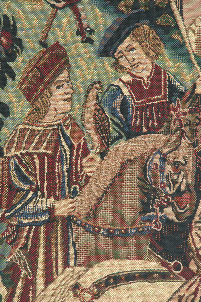 Medieval Falcon Hunt Vintage Tapestry Wall Hanging 37 x 33 in Hunting Scene Jacquard Woven European Decor