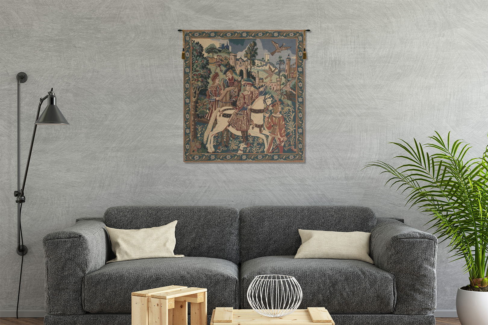 Medieval Falcon Hunt Vintage Tapestry Wall Hanging 37 x 33 in Hunting Scene Jacquard Woven European Decor