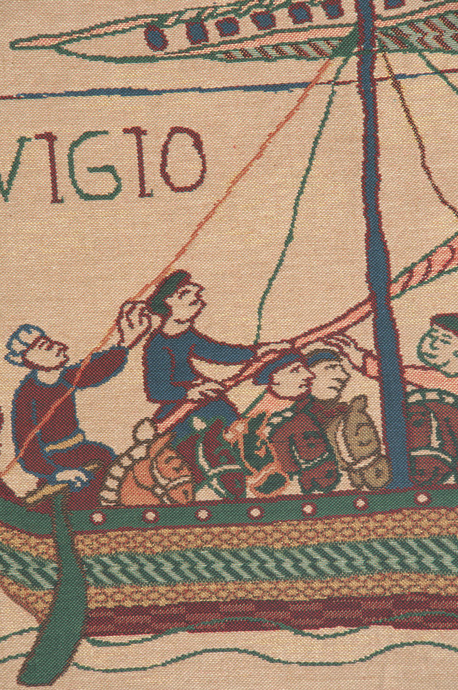 Bayeux William Navigio Vintage Tapestry Wall Hanging 43 x 21 in Medieval Ships Historical Jacquard Woven Decor