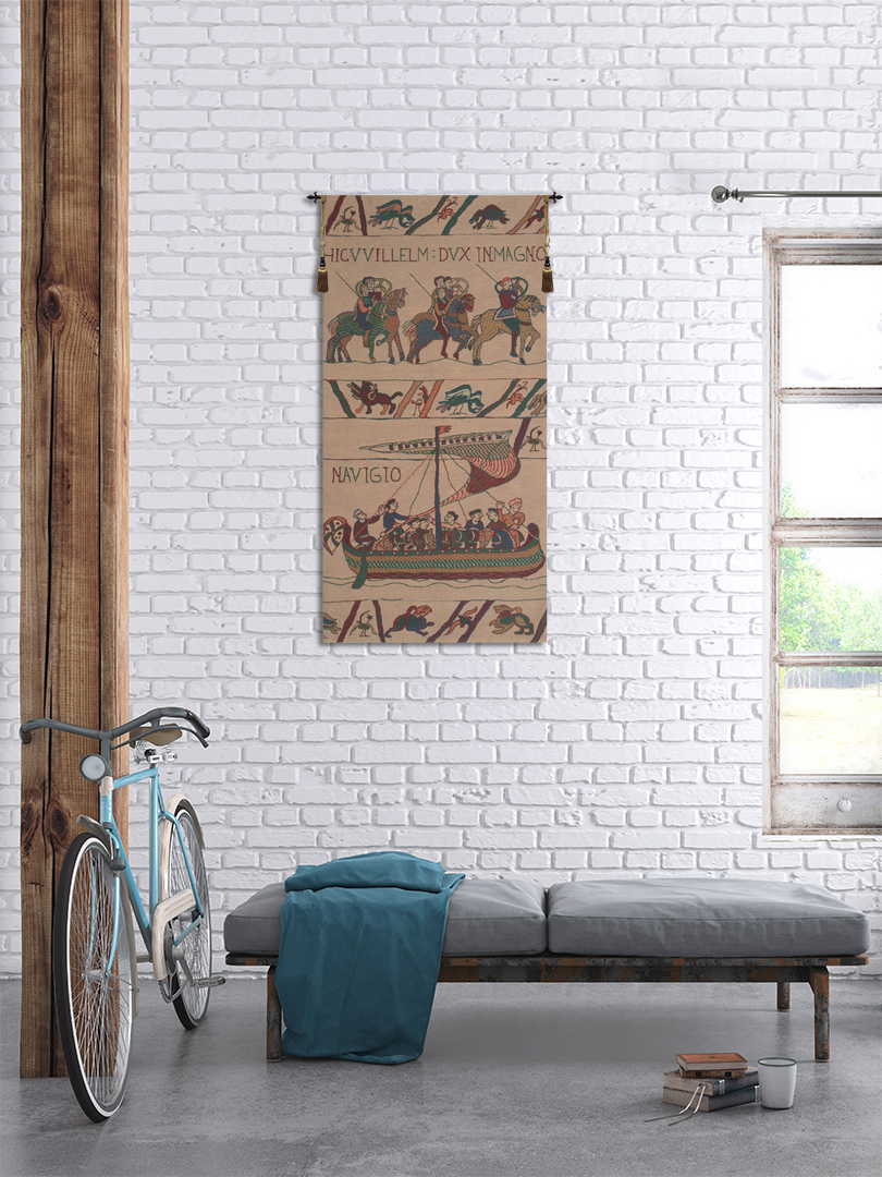 Bayeux William Navigio Vintage Tapestry Wall Hanging 43 x 21 in Medieval Ships Historical Jacquard Woven Decor