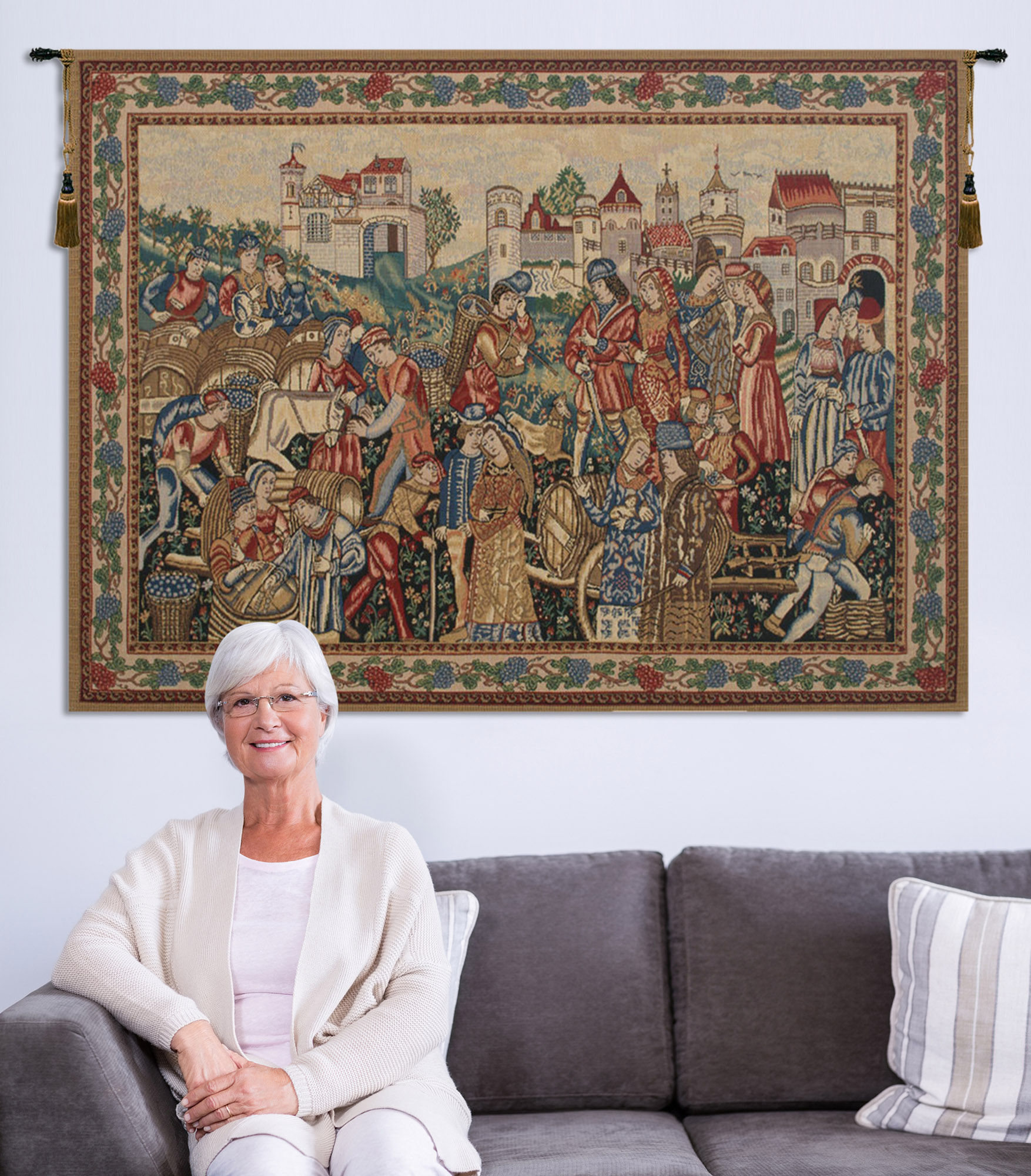 Medieval Wine Merchants Tapestry Wall Hanging 33 x 44 in Vineyard Harvest Jacquard Woven European Wall Art Decor
