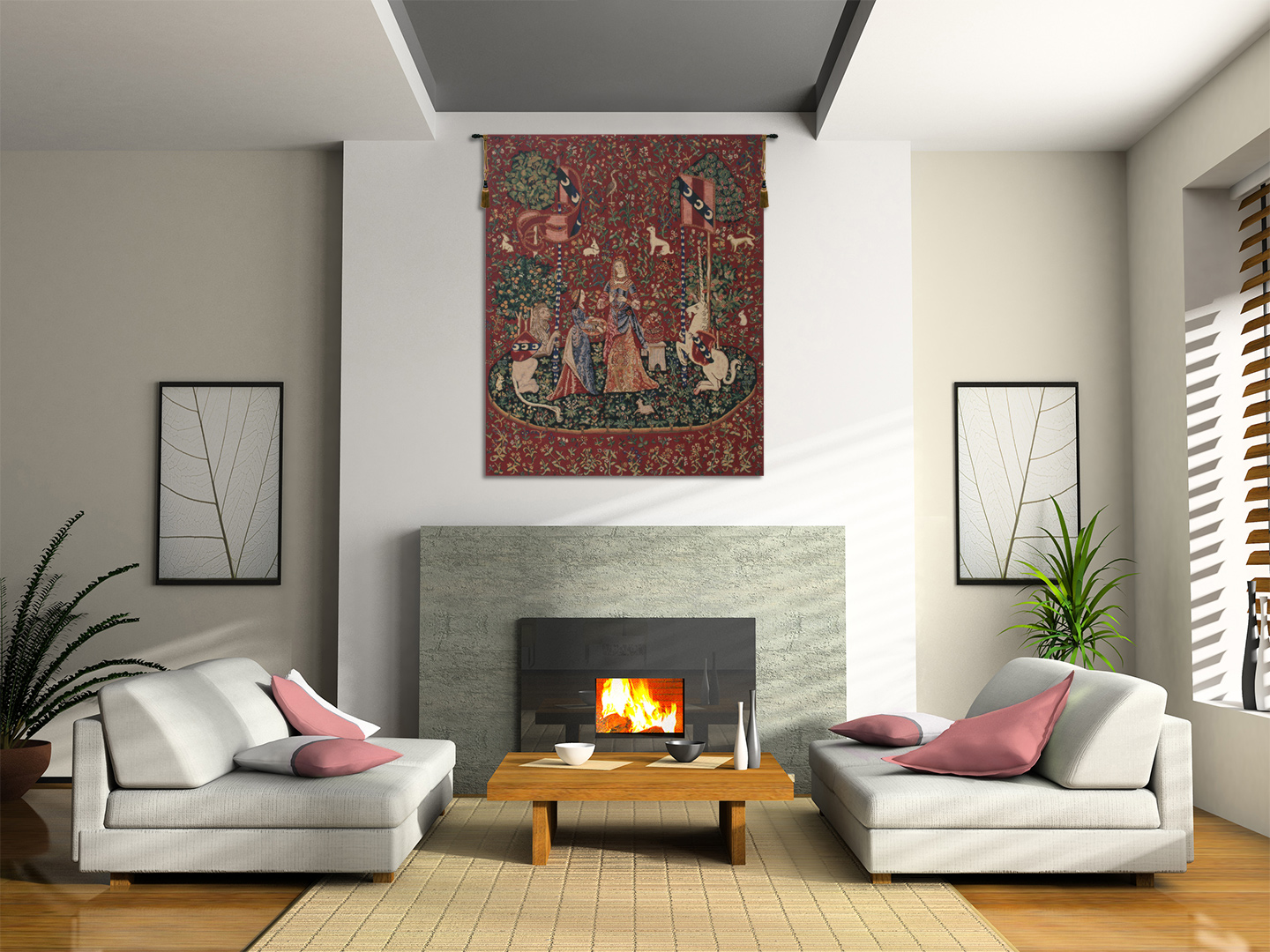 Medieval Smell Lady and Unicorn Tapestry Wall Hanging 42 x 33 in French Jacquard Woven Renaissance Wall Decor