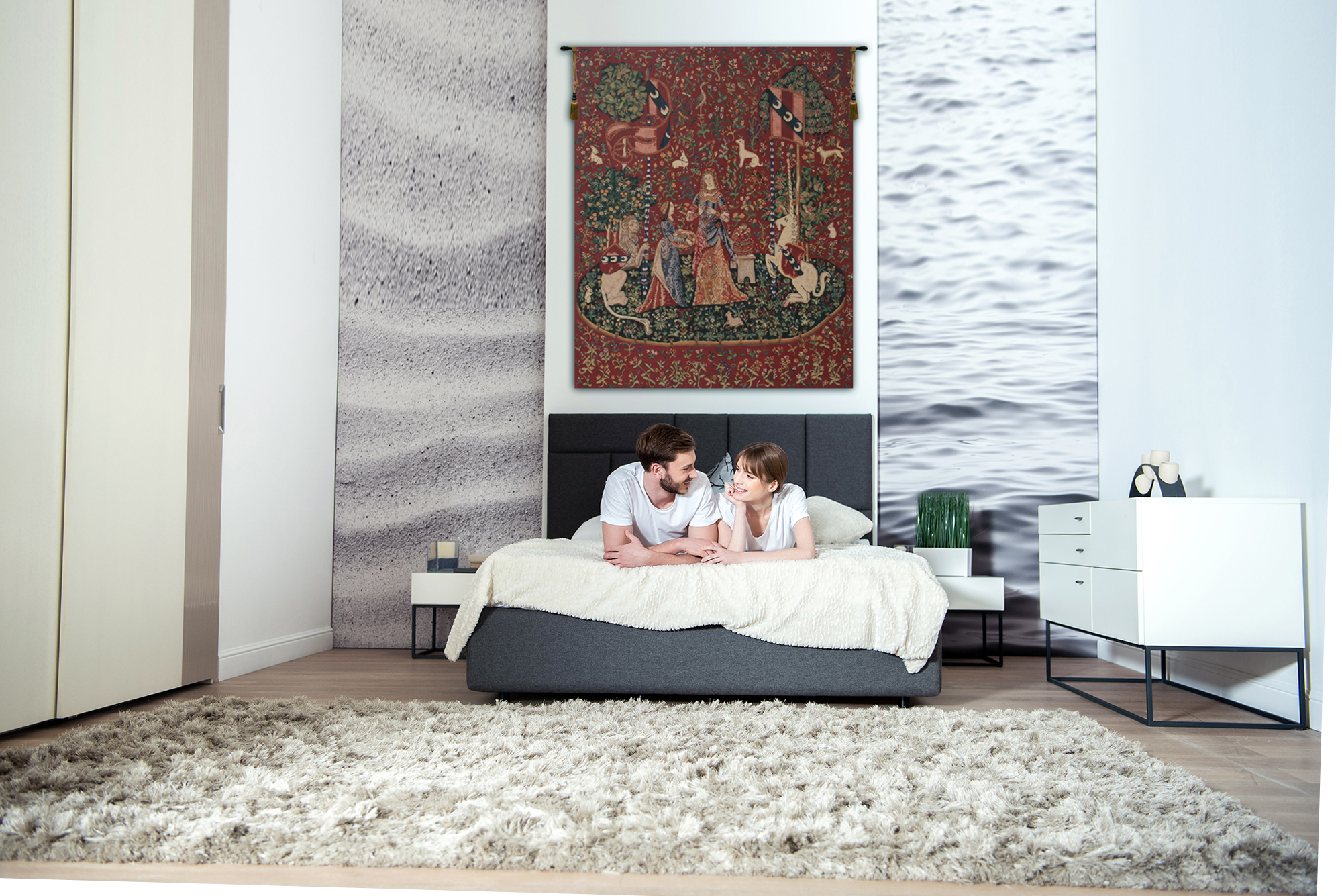 Medieval Smell Lady and Unicorn Tapestry Wall Hanging 42 x 33 in French Jacquard Woven Renaissance Wall Decor
