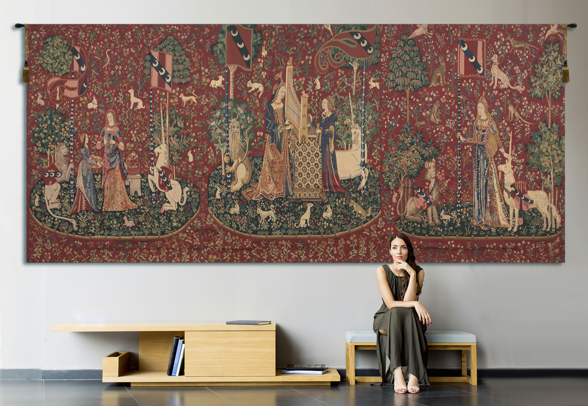 Medieval Lady and Unicorn Series II Tapestry Wall Hanging 66 x 156 in French Jacquard Woven Renaissance Decor