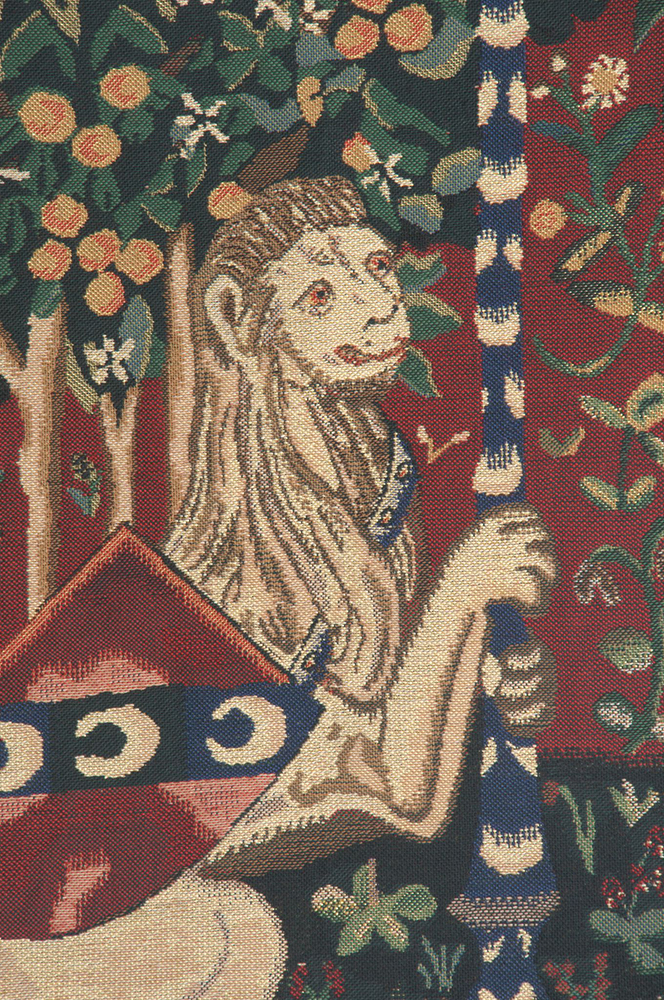 Medieval Portiere du Lion Tapestry Wall Hanging 46 x 21 in Heraldic Lion Jacquard Woven European Wall Decor