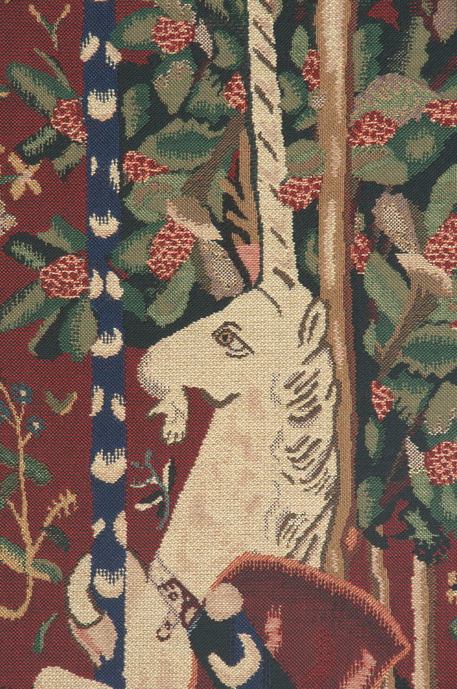 Medieval Portiere de Licorne Tapestry Wall Hanging 46 x 21 in Unicorn Jacquard Woven French Renaissance Wall Decor