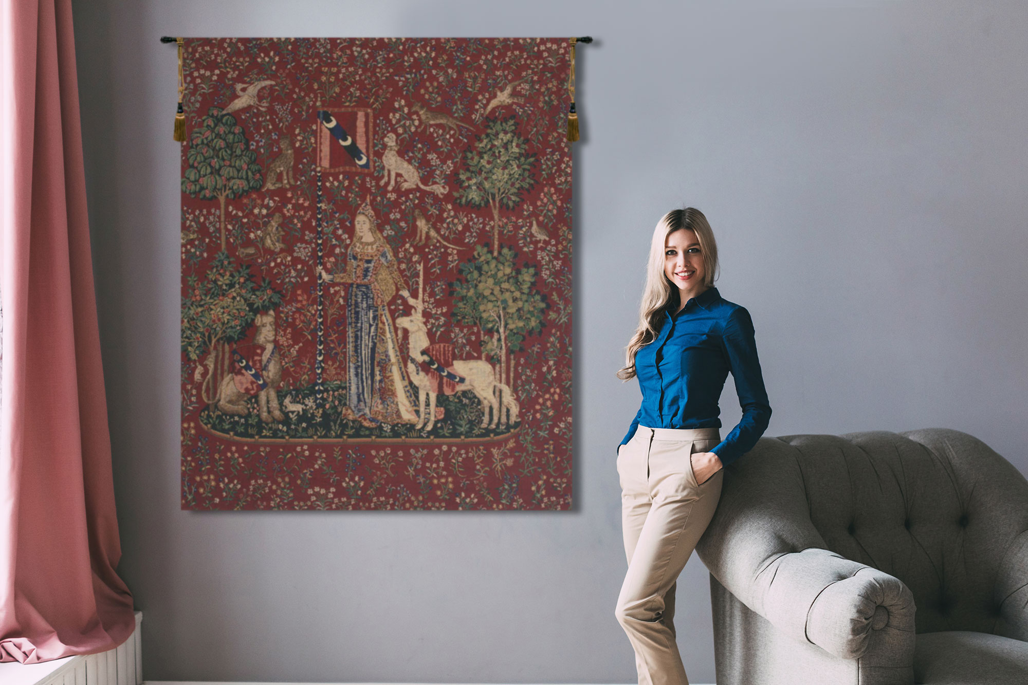 Medieval Touch Lady and Unicorn Tapestry Wall Hanging 42 x 33 in French Jacquard Woven Renaissance Wall Decor