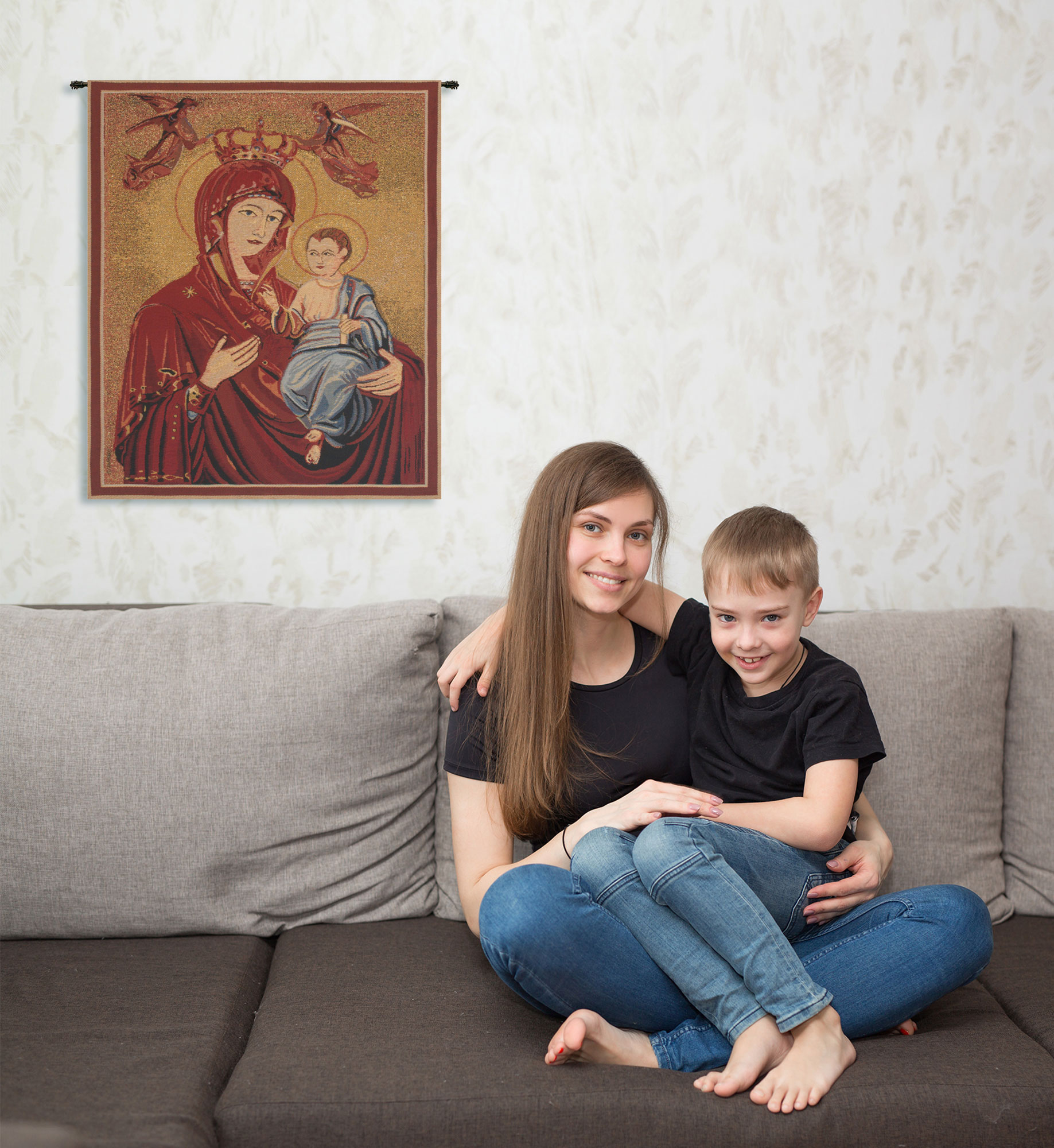 Madonna and Child II Belgian Tapestry Wall Hanging 28 x 21 in Religious Jacquard Woven Renaissance Wall Art Decor