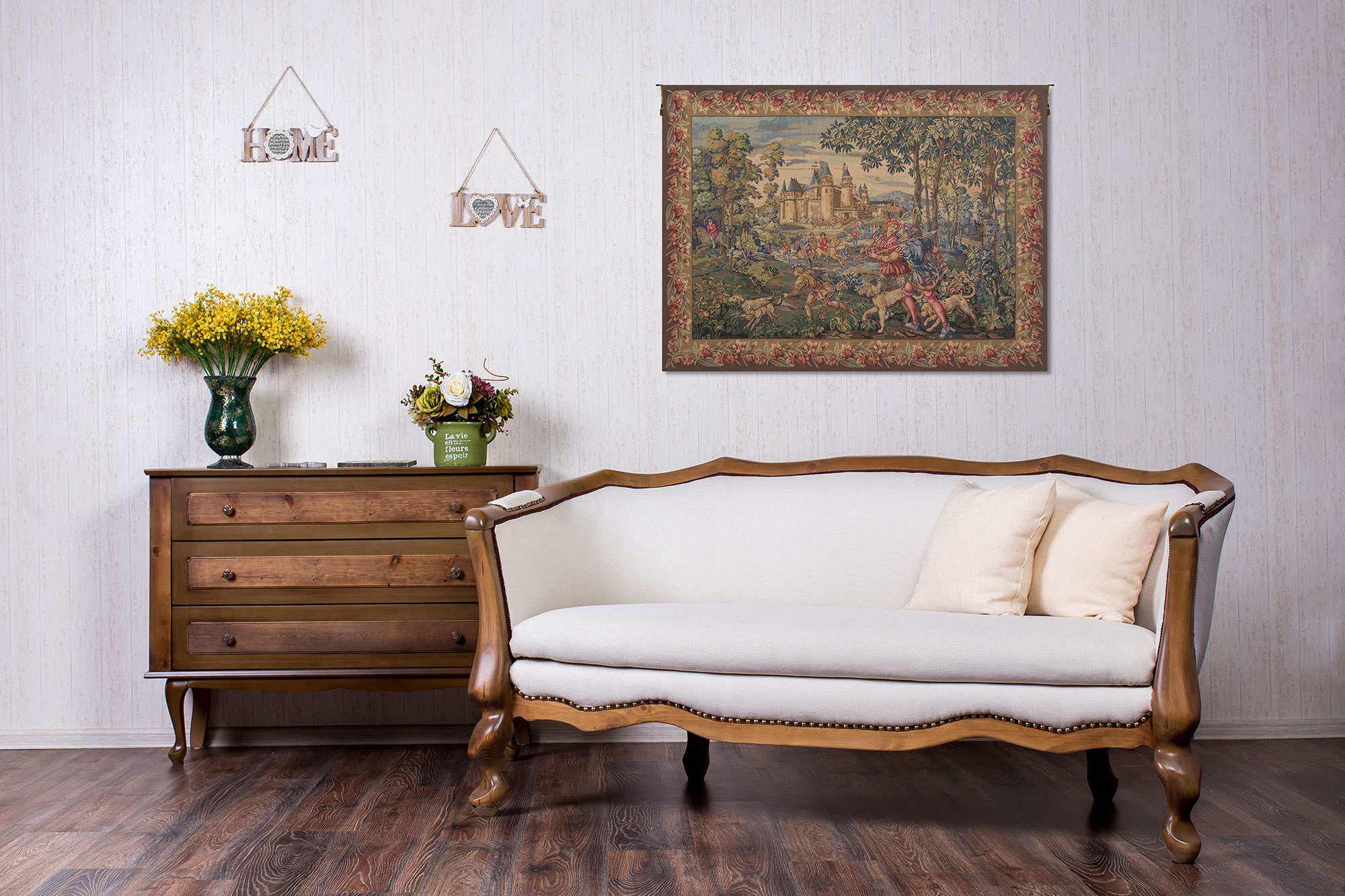 Medieval La Chasse Tapestry Wall Hanging 33 x 45 in Hunting Scene Jacquard Woven French European Wall Decor