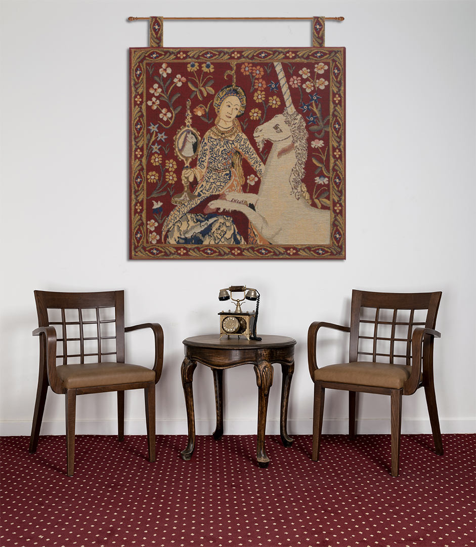 Medieval La Vue Tapestry Wall Hanging with Loops 19 x 19 in Lady Unicorn Jacquard Woven French Wall Decor