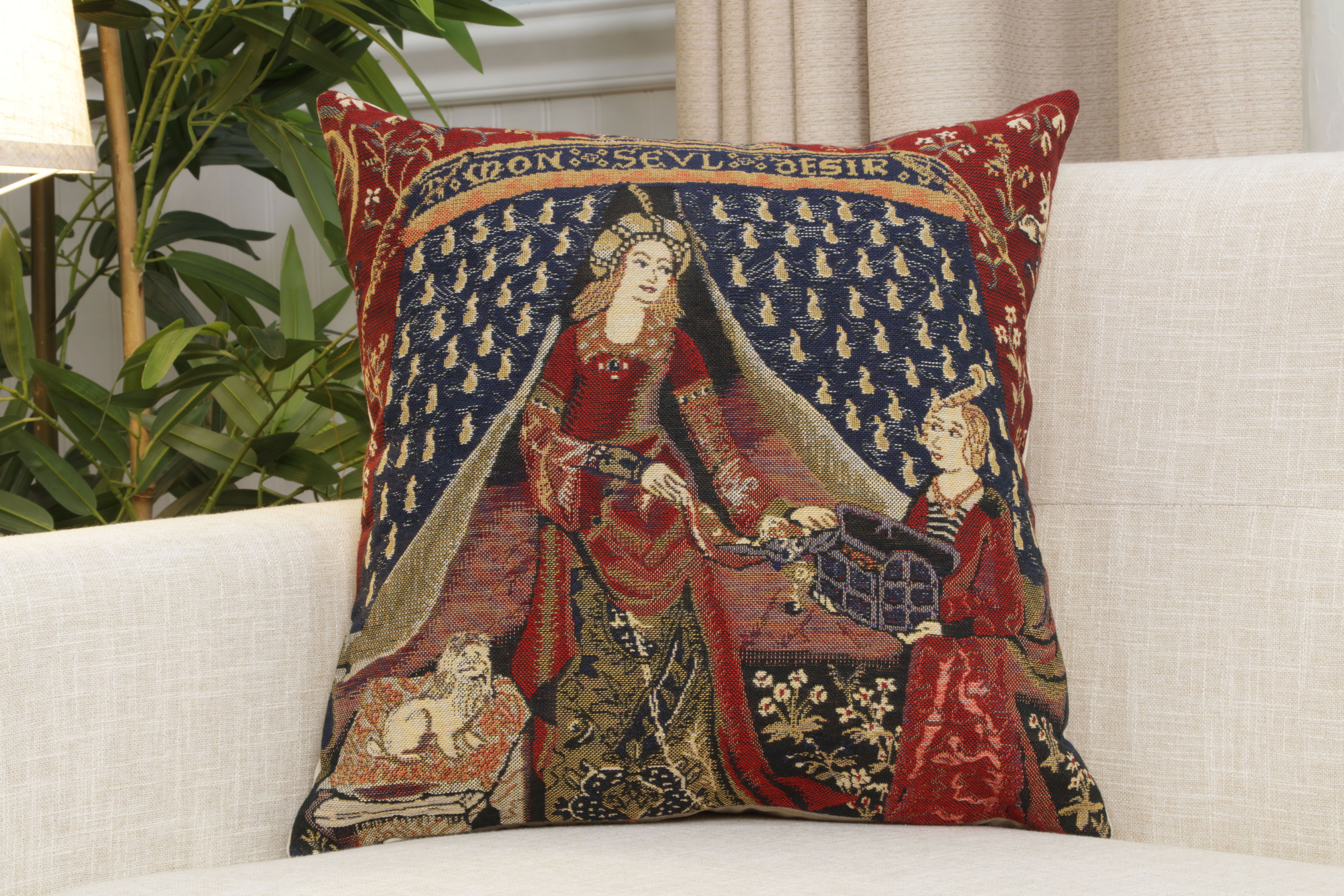 Medieval My Only Desire Tapestry Pillow Cover 16x16 Inch Cotton Jacquard Woven Cushion Cover