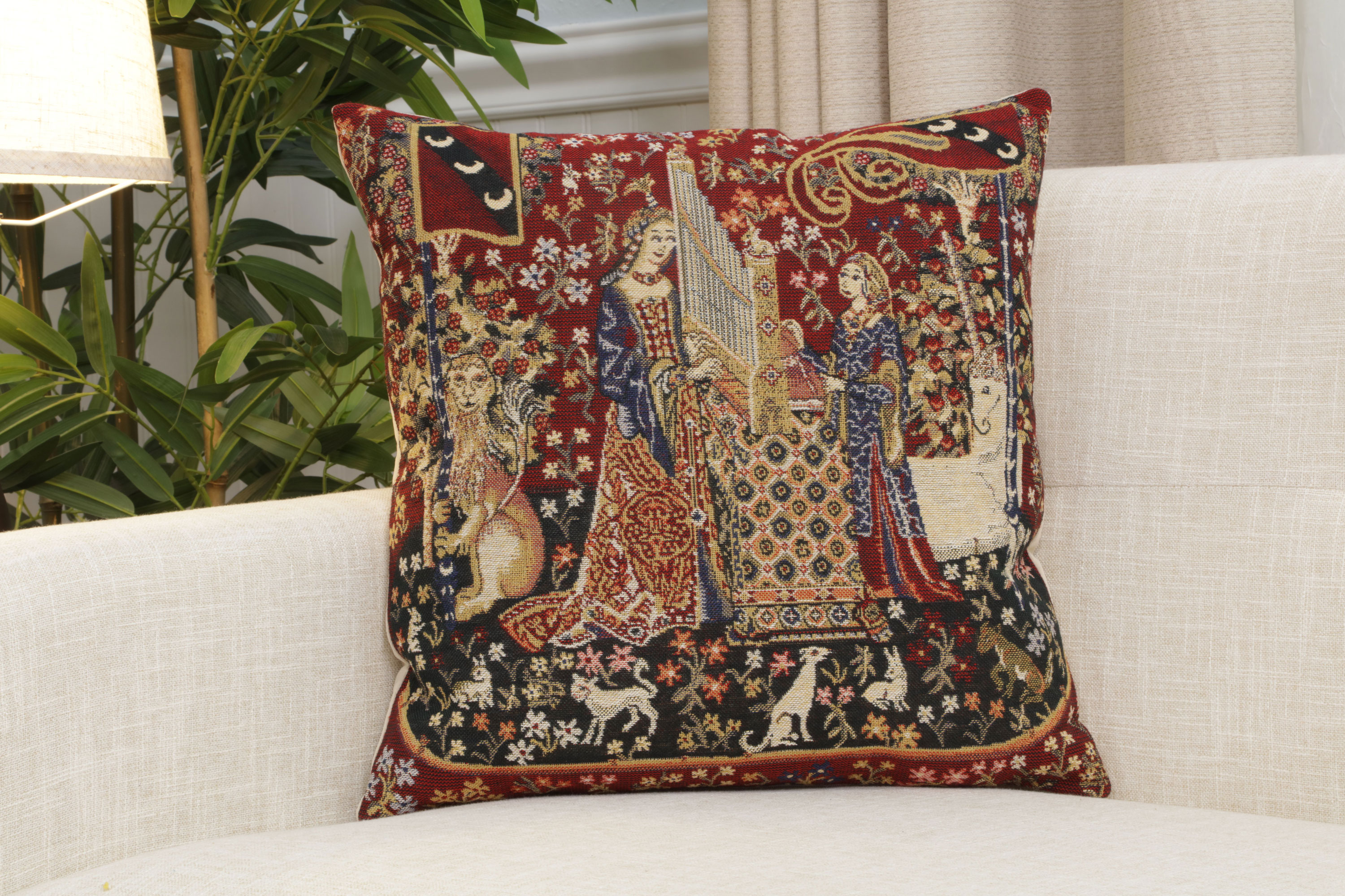 Medieval Hearing II Tapestry Pillow Cover 16x16 Inch Cotton Jacquard Woven Cushion Cover