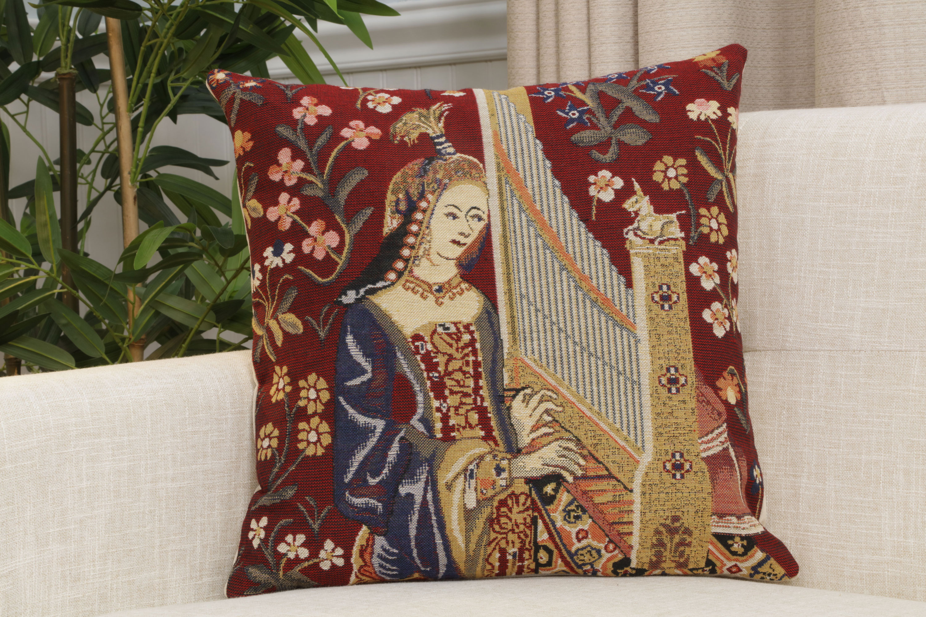Medieval Hearing III Tapestry Pillow Cover 16x16 Inch Cotton Jacquard Woven Cushion Cover