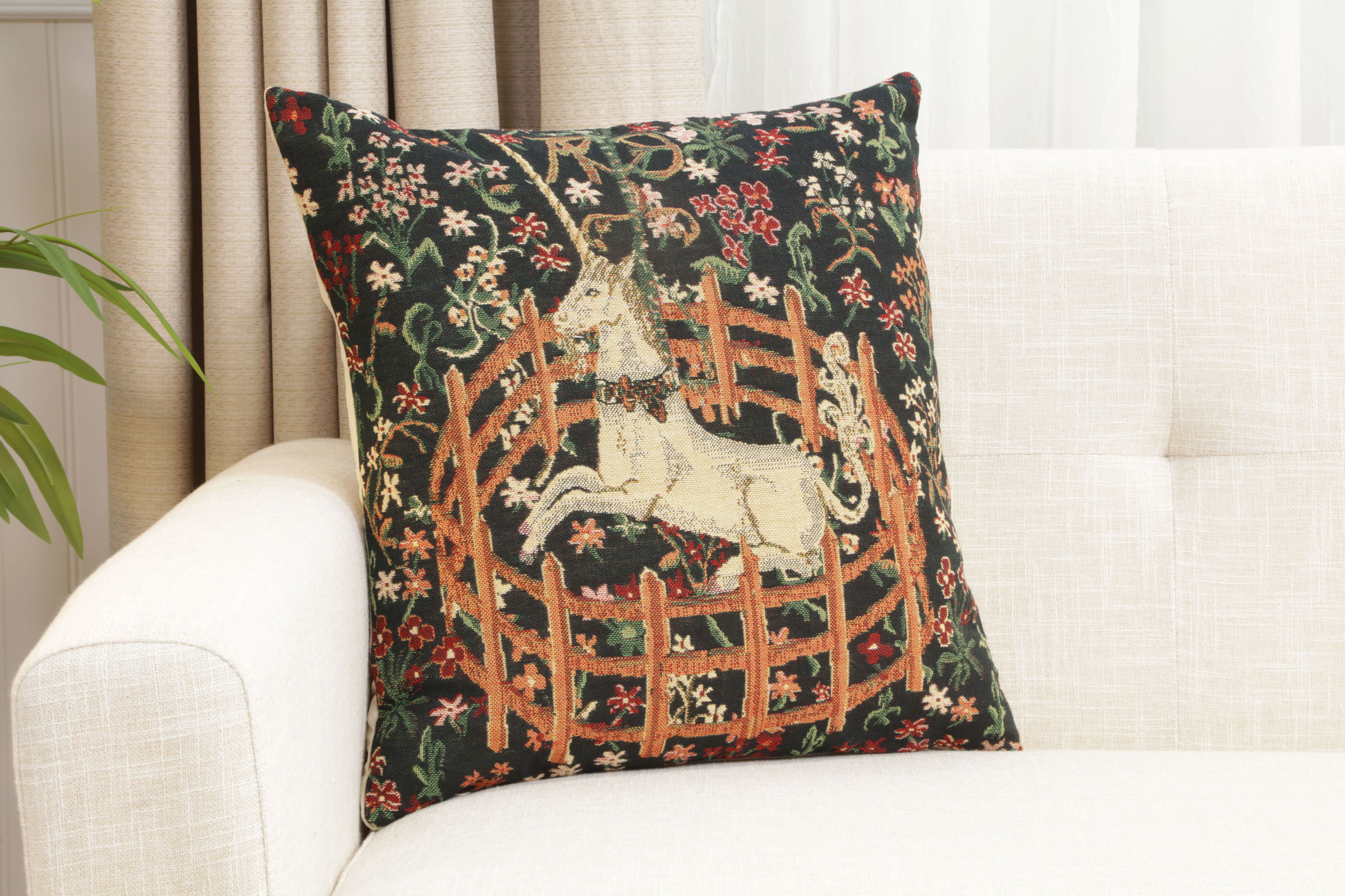 Medieval Unicorn Vintage Tapestry Pillow Cover 16x16 Inch Cotton Jacquard Woven Cushion Cover