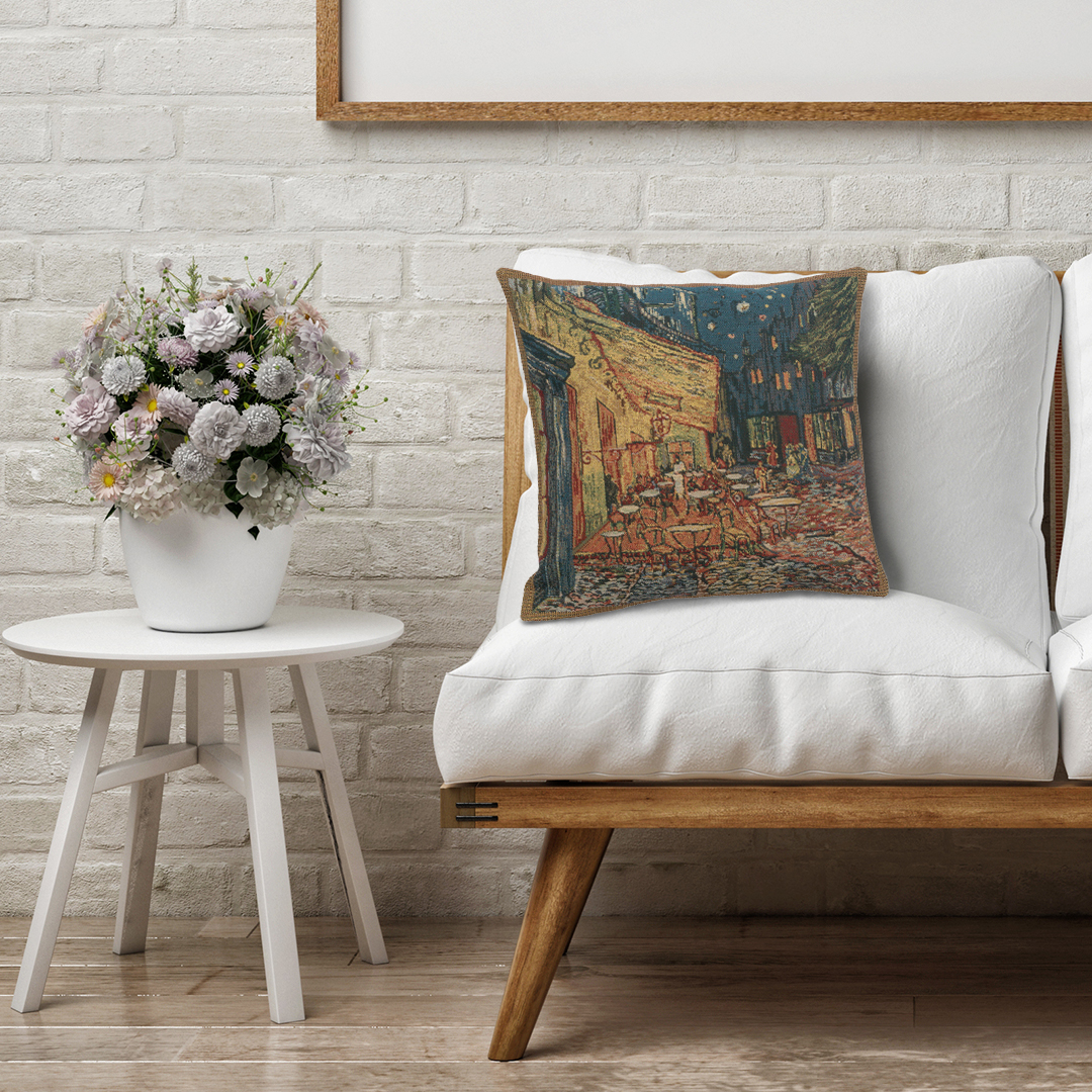 Vincent Van Gogh Terrace Tapestry Pillow Cover 16x16 Inch Cotton Jacquard Woven Cushion Cover