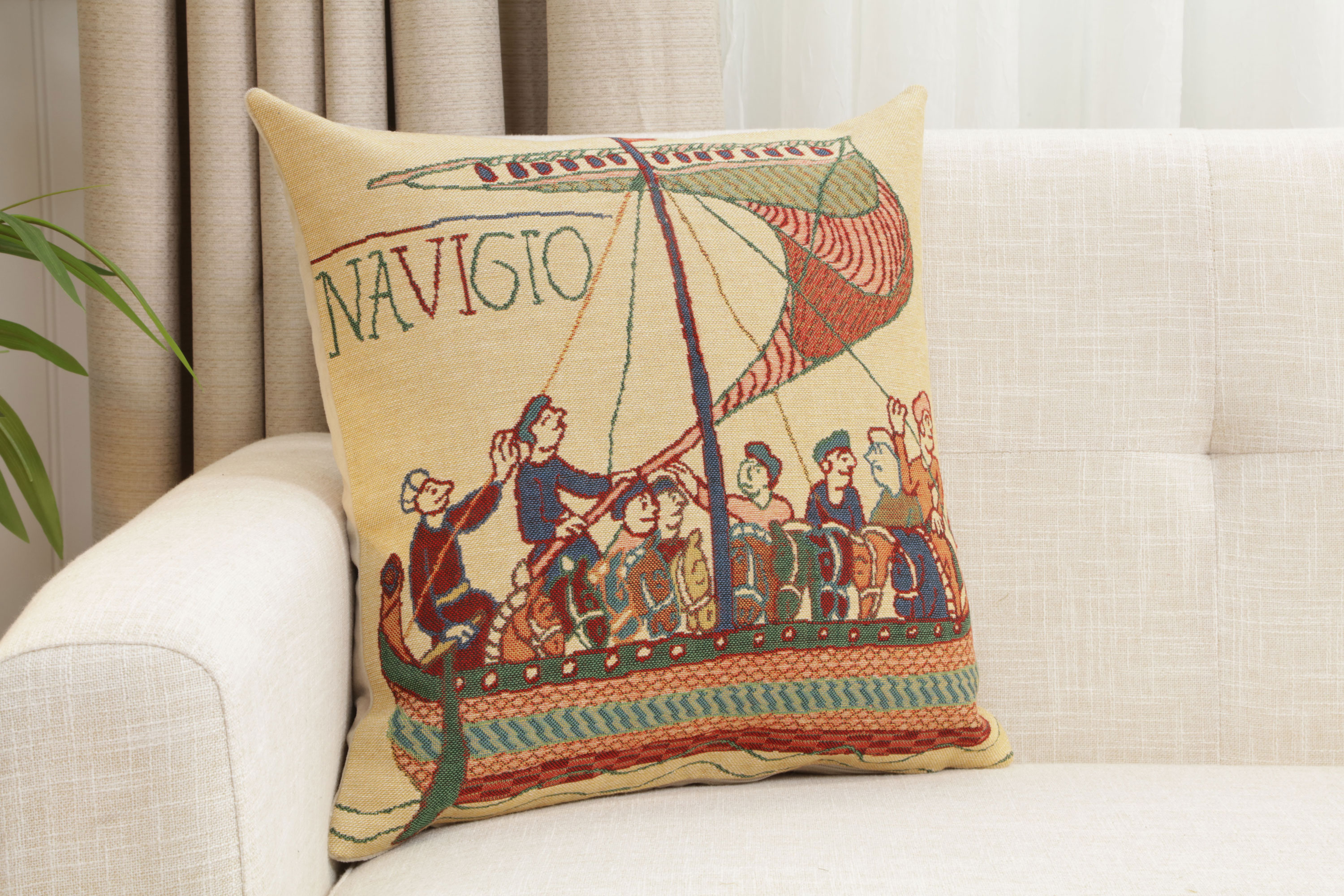 Bayeux Navigo Medieval Tapestry Pillow Cover 16x16 Inch Cotton Jacquard Woven Cushion Cover