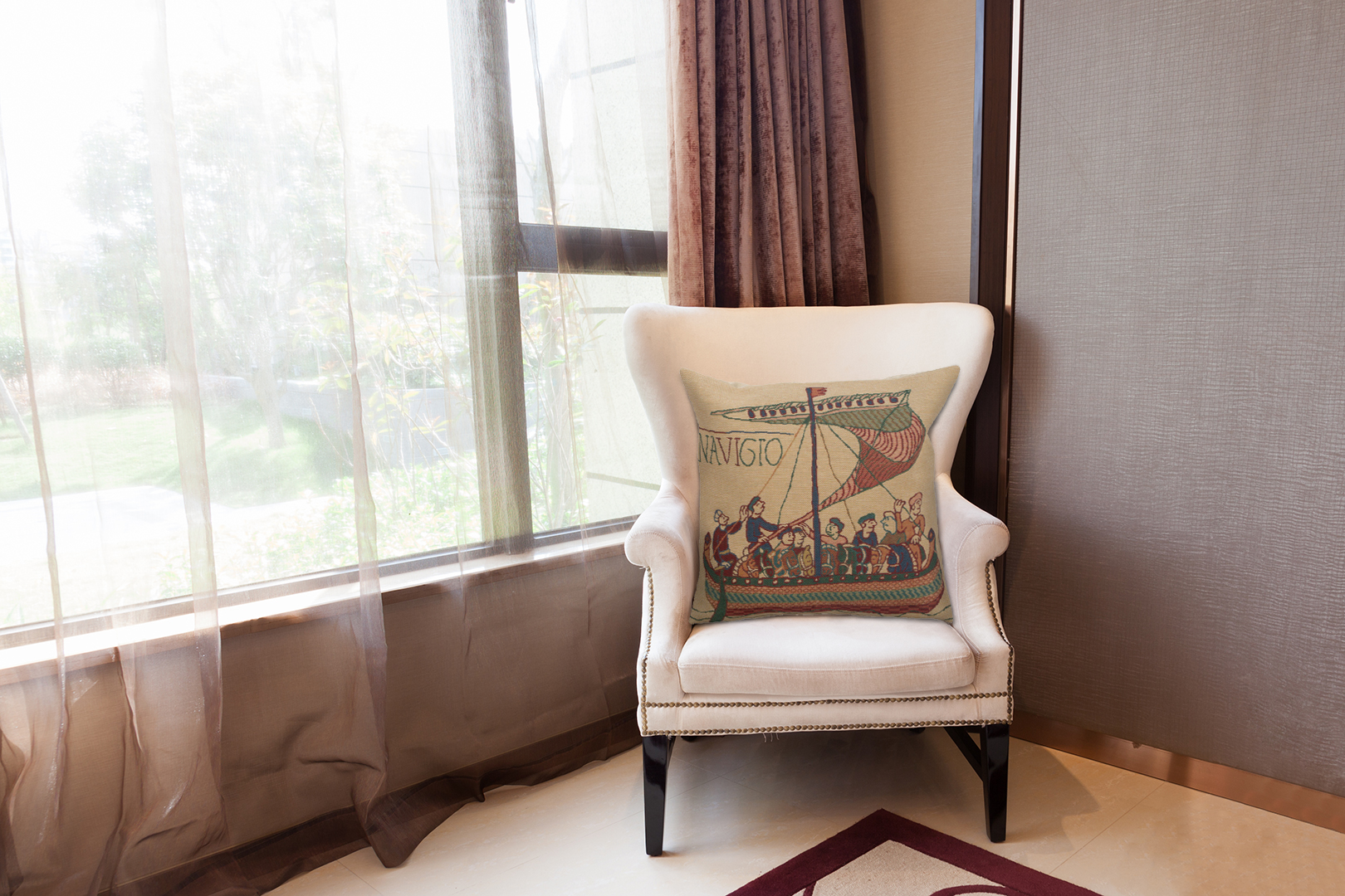 Bayeux Navigo Medieval Tapestry Pillow Cover 16x16 Inch Cotton Jacquard Woven Cushion Cover