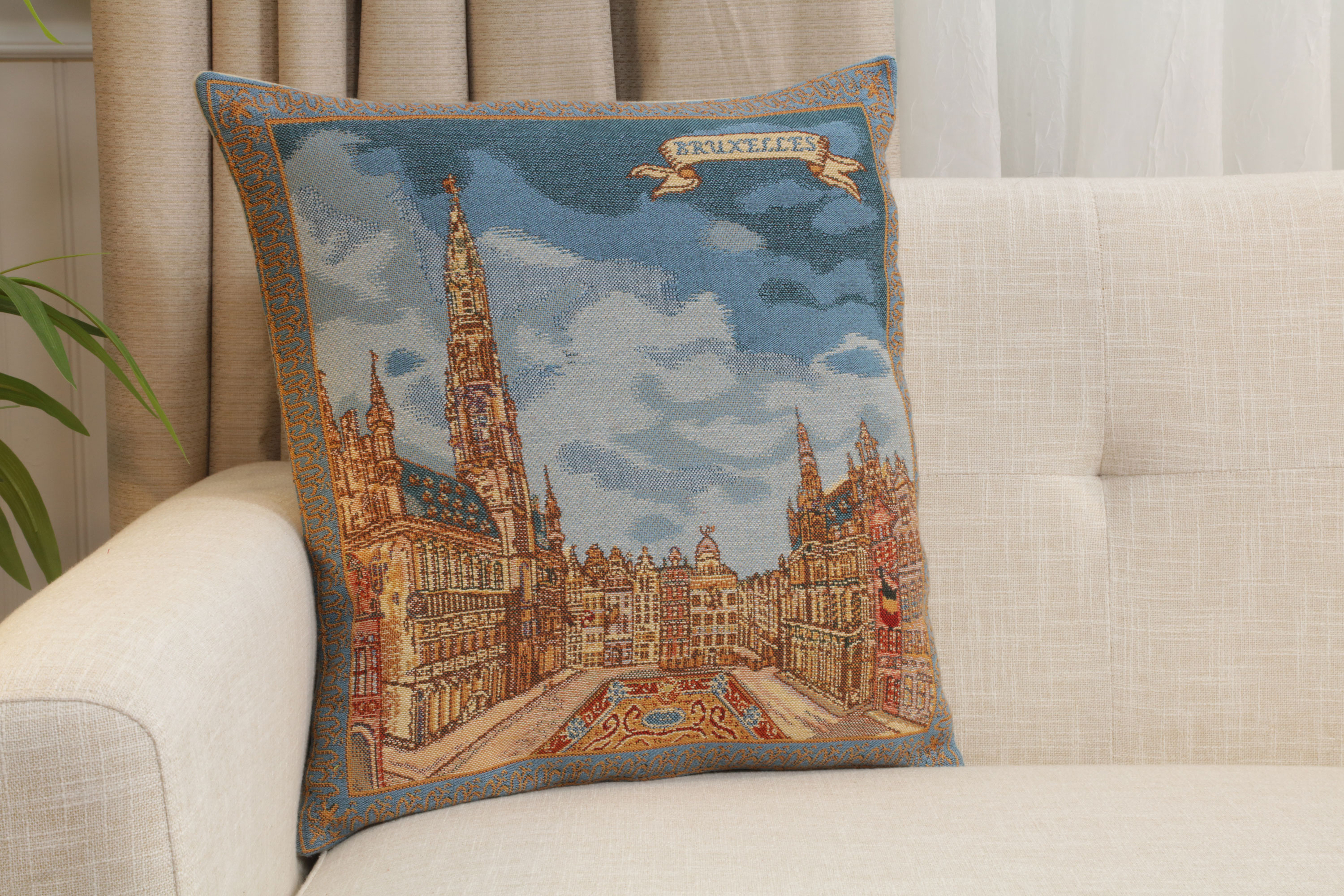 Grand Place Brussels Belgian Tapestry Pillow Cover 16x16 Inch Cotton Jacquard Woven Cushion Cover