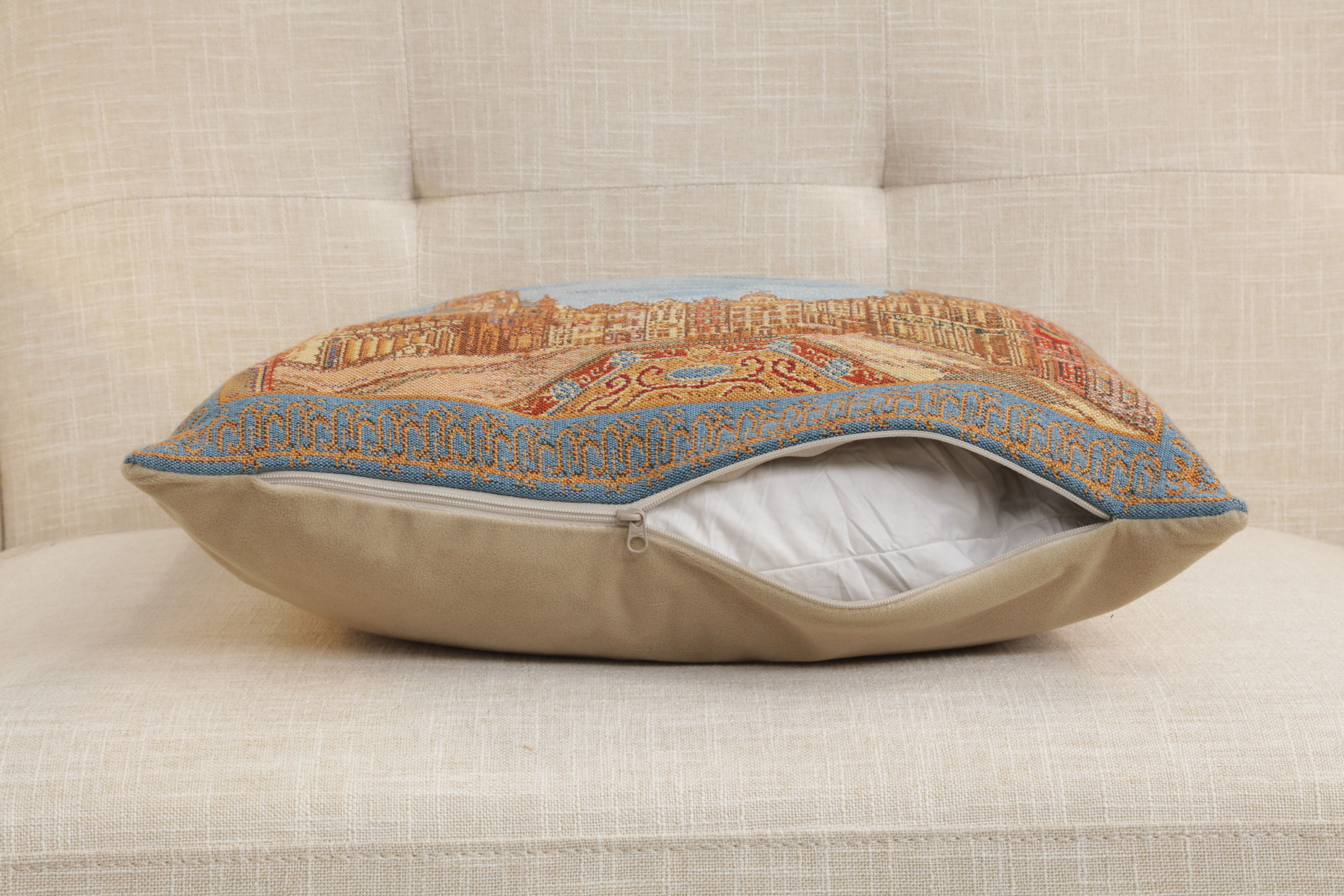 Grand Place Brussels Belgian Tapestry Pillow Cover 16x16 Inch Cotton Jacquard Woven Cushion Cover
