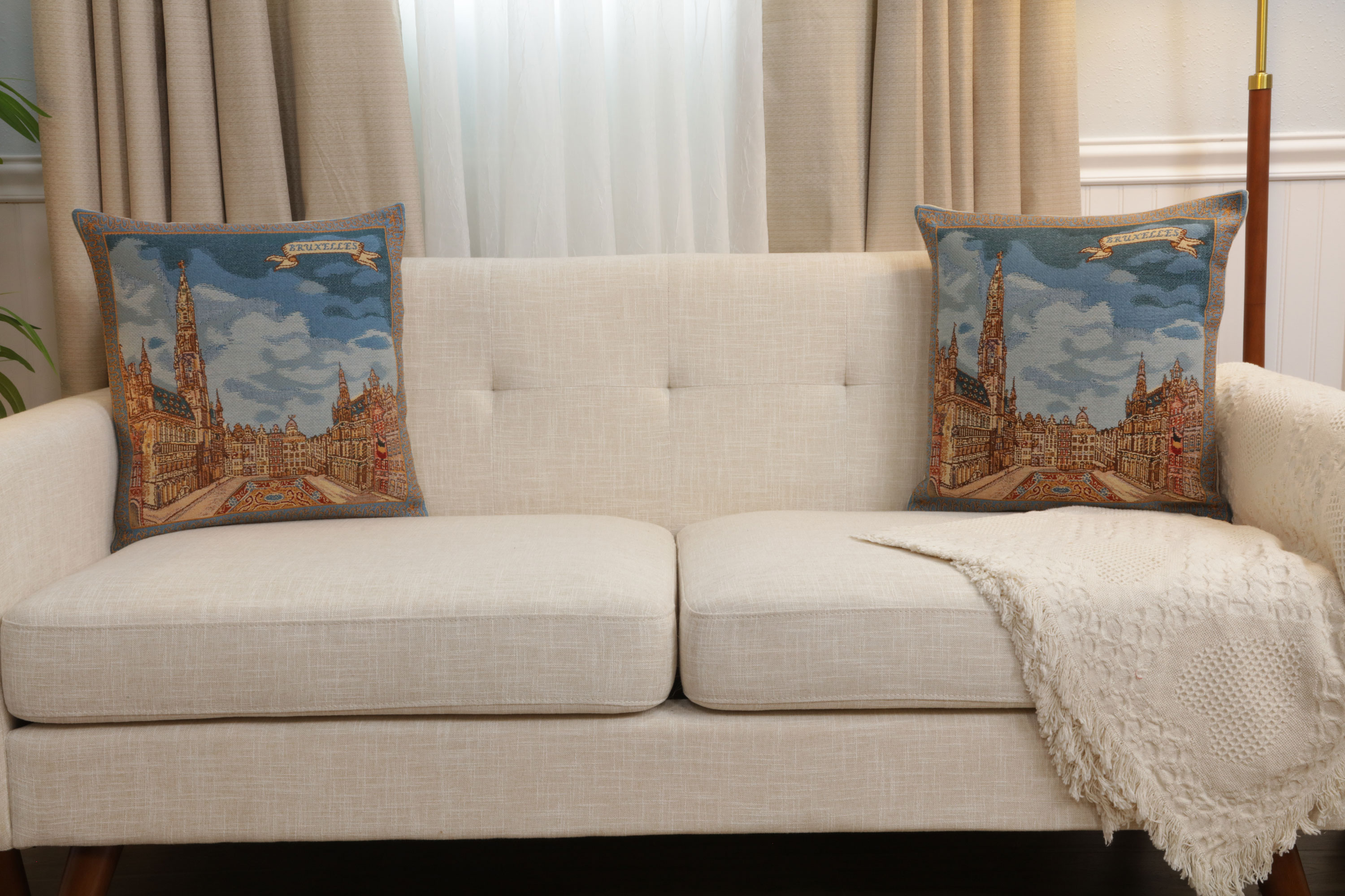 Grand Place Brussels Belgian Tapestry Pillow Cover 16x16 Inch Cotton Jacquard Woven Cushion Cover
