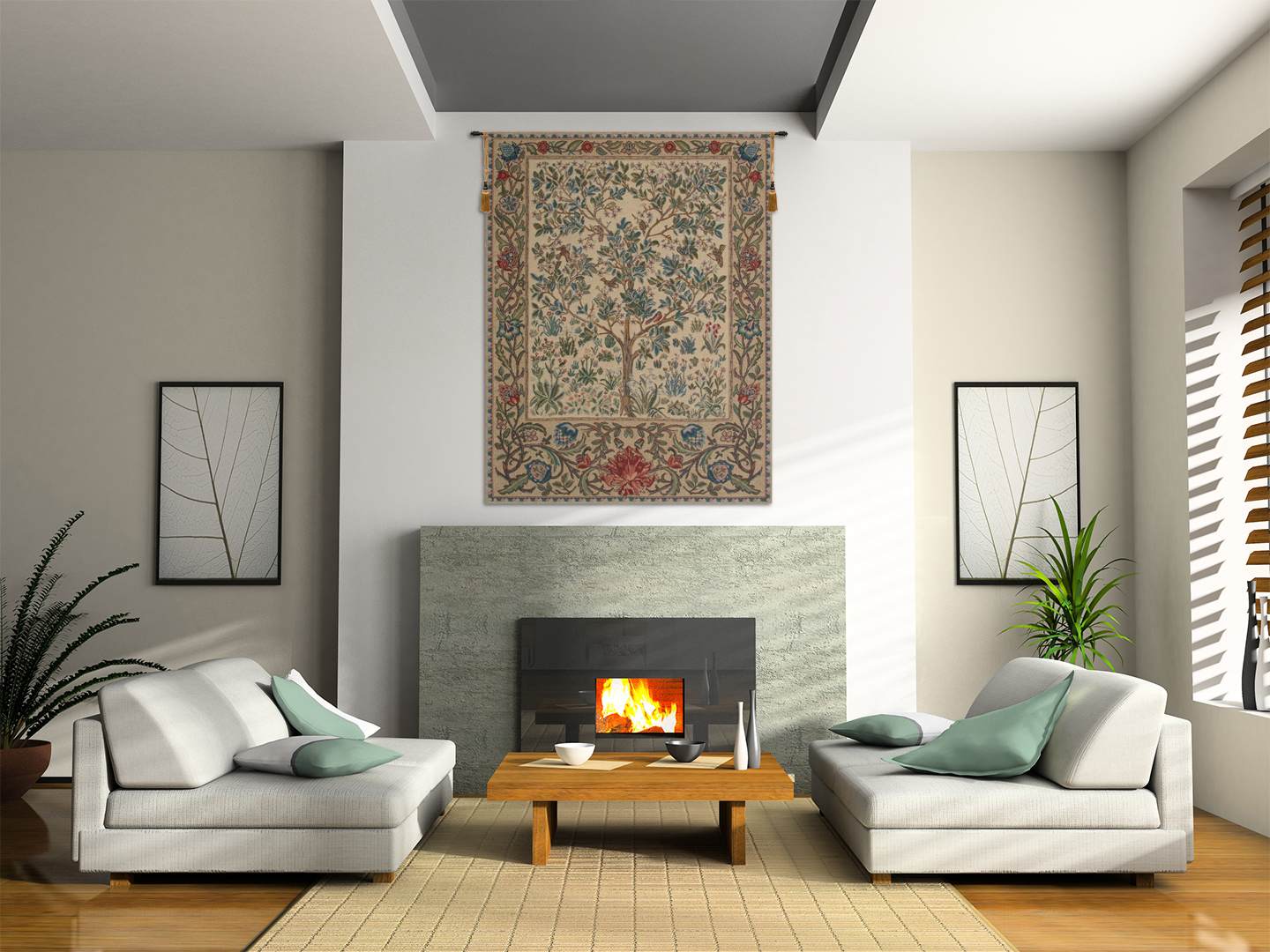 William Morris The Tree of Life Beige Tapestry Wall Hanging 24 x 18 in Arts and Crafts Botanical Jacquard Woven Wall Art
