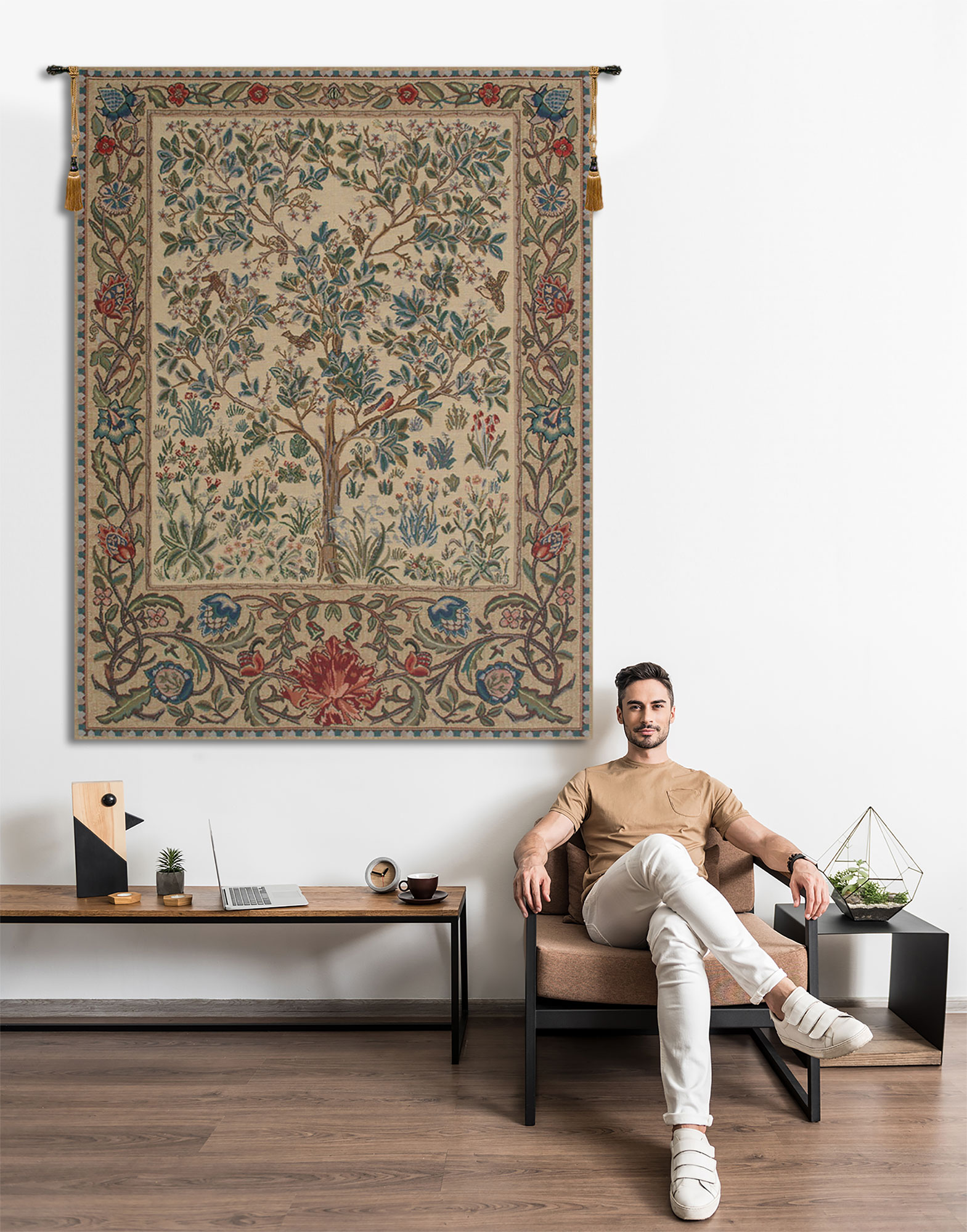 William Morris The Tree of Life Beige Tapestry Wall Hanging 24 x 18 in Arts and Crafts Botanical Jacquard Woven Wall Art