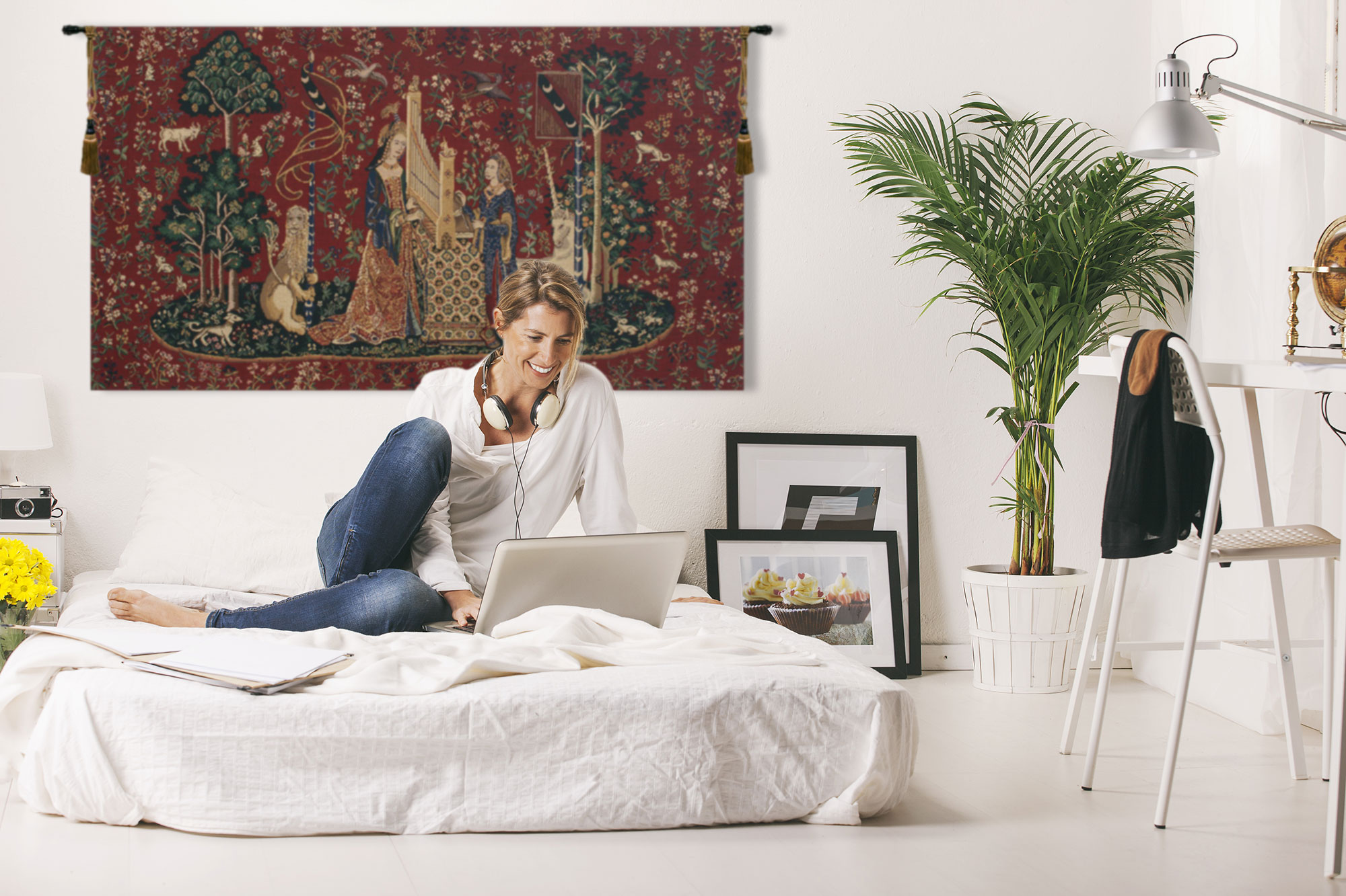 Medieval The Lady and the Organ II Vintage Tapestry Wall Hanging 34 x 42 in Lady Unicorn Music Jacquard Woven Wall Art