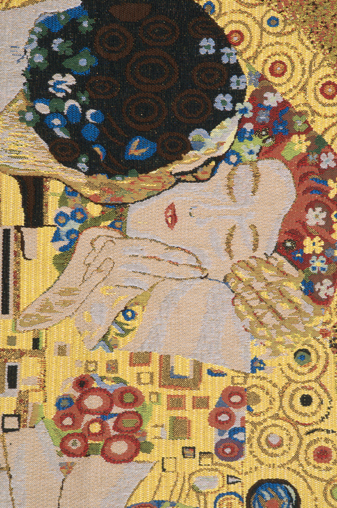 Gustav Klimt The Kiss Yellow Vintage Tapestry Wall Hanging 24 x 16 in Art Nouveau Romantic Jacquard Woven Wall Art
