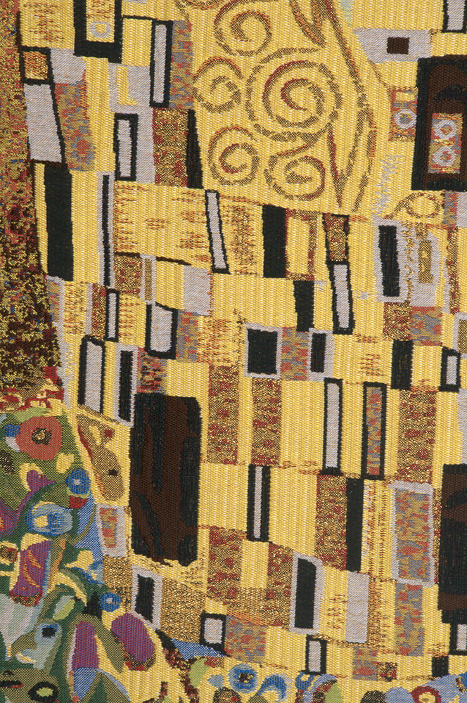 Gustav Klimt The Kiss Yellow Vintage Tapestry Wall Hanging 24 x 16 in Art Nouveau Romantic Jacquard Woven Wall Art