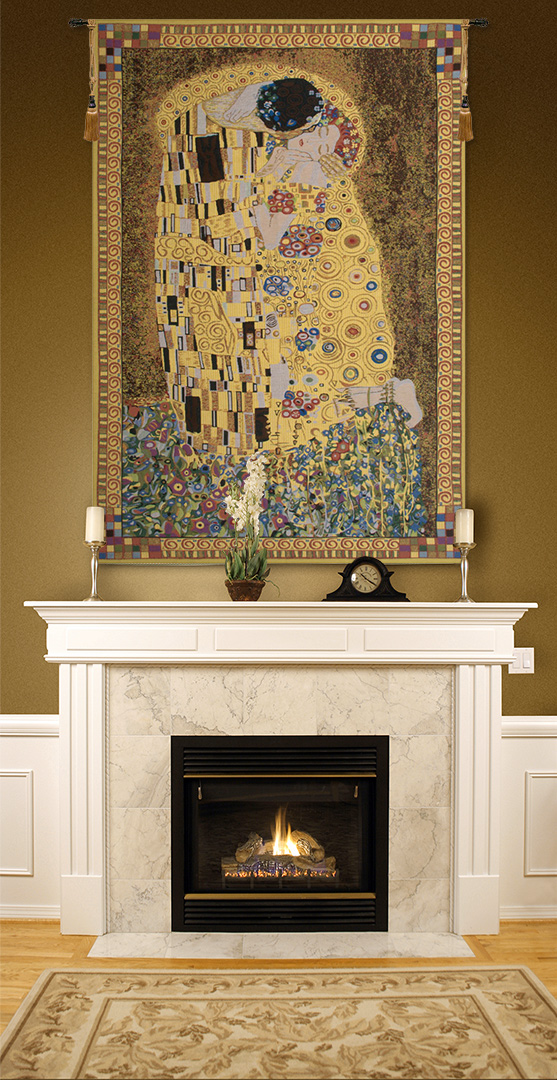 Gustav Klimt The Kiss Yellow Vintage Tapestry Wall Hanging 24 x 16 in Art Nouveau Romantic Jacquard Woven Wall Art