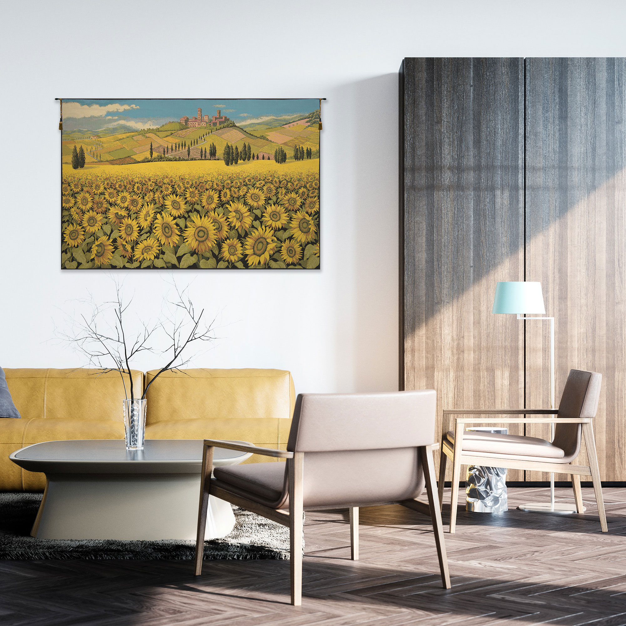 Alberto Passini Tuscan Sunflower Landscape Italian Tapestry Wall Hanging 35x25 Inch Cotton Jacquard Woven Wall Tapestry