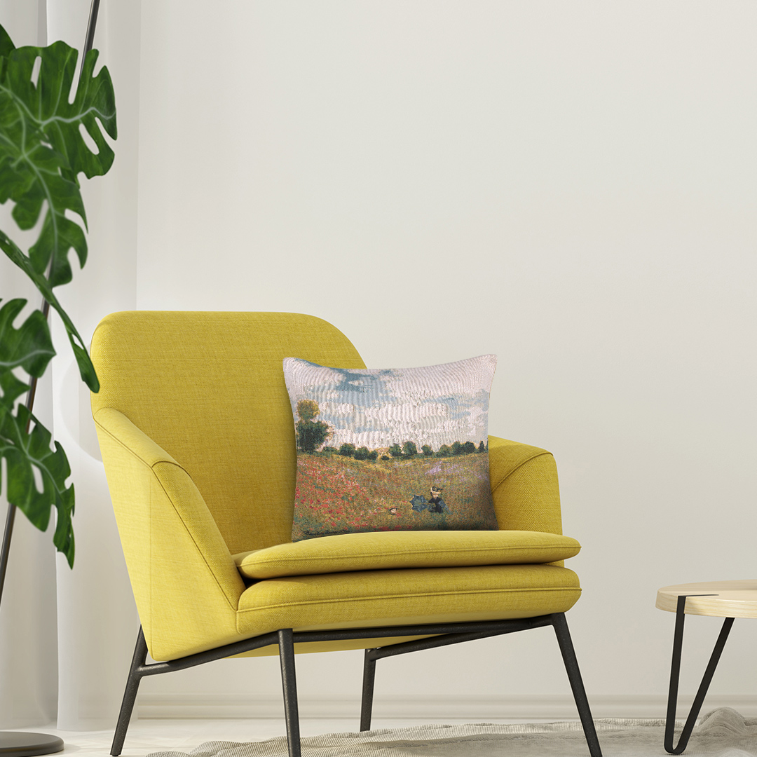 Claude Monet Poppy Field Tapestry Pillow Cover 18x18 Inch Cotton Jacquard Woven Cushion Cover