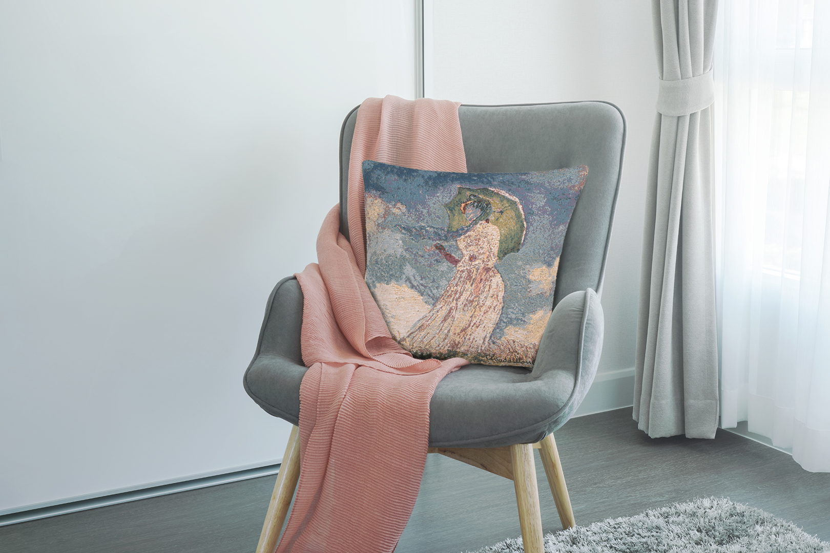 Claude Monet Lady with Umbrella Tapestry Pillow Cover 18x18 Inch Cotton Jacquard Woven Cushion Cover