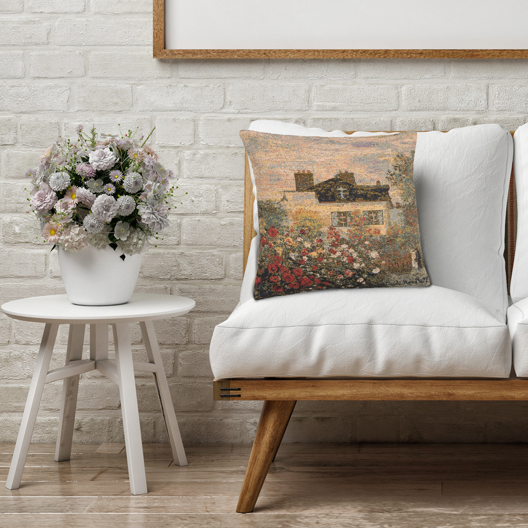 Claude Monet Mansion Tapestry Pillow Cover 18x18 Inch Cotton Jacquard Woven Cushion Cover