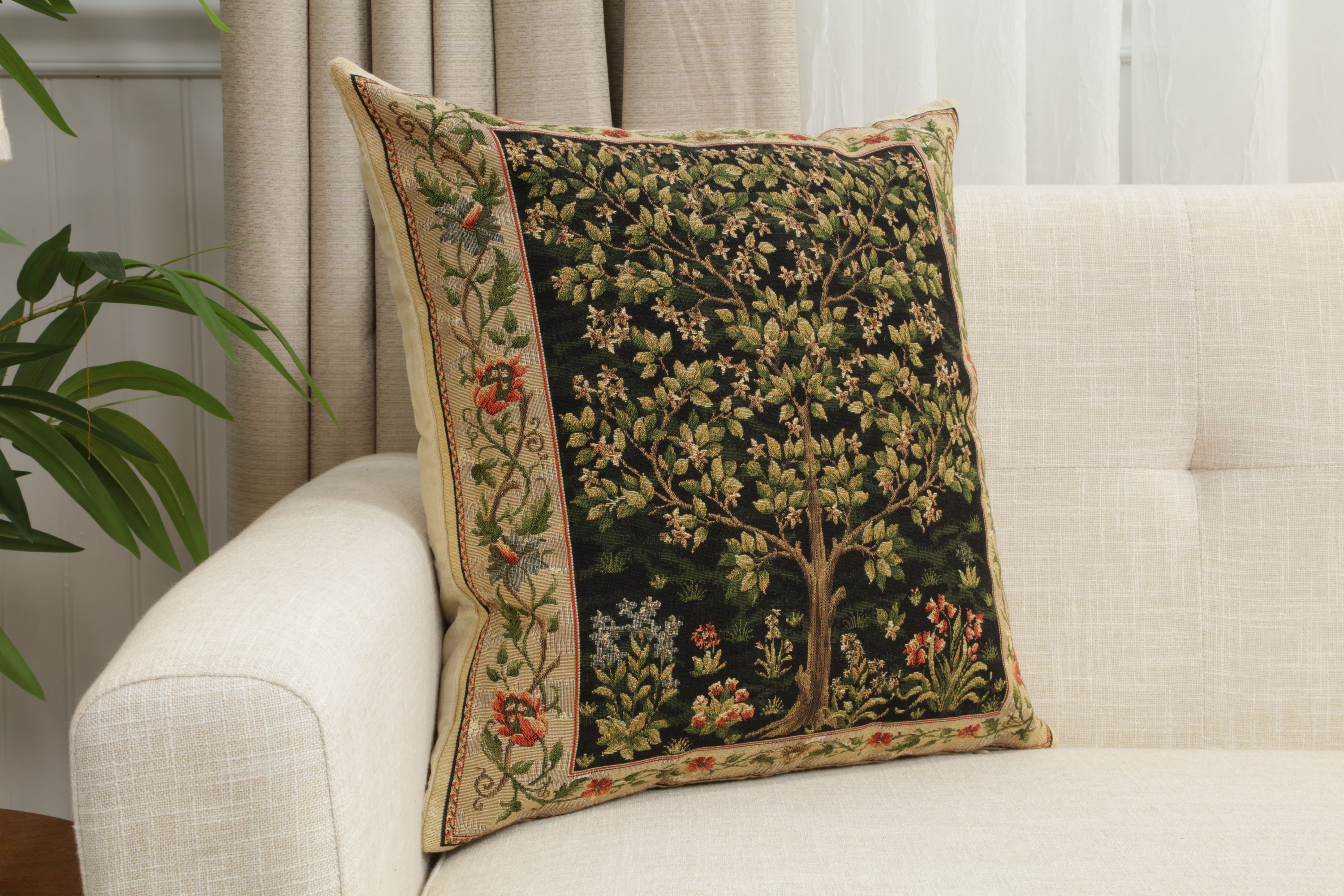 Black Tree of Life Belgian Tapestry Pillow Cover 18x18 inch 100% Cotton Belgian Jacquard Woven Cushion Cover