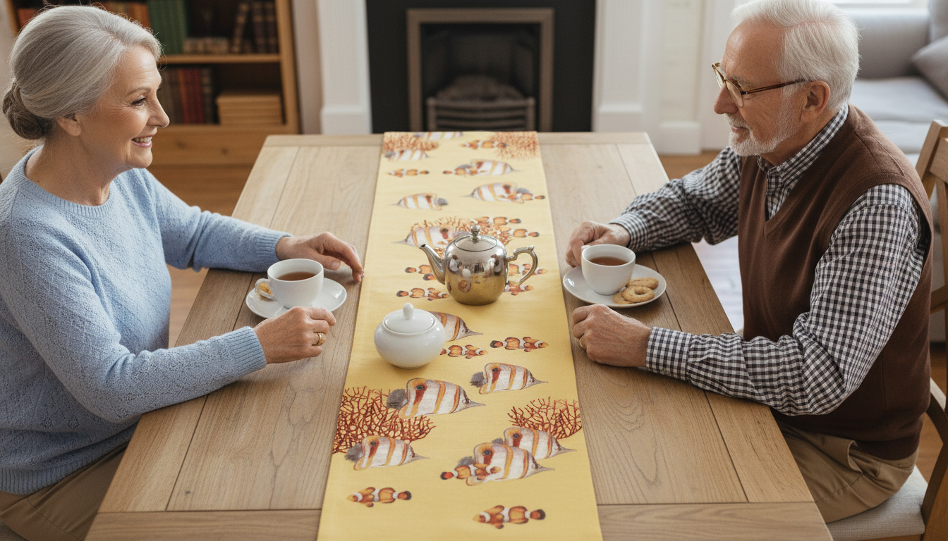 Exotic Fish Yellow French Jacquard Woven Table Runner 71x19 Inch Coastal Dining Decor