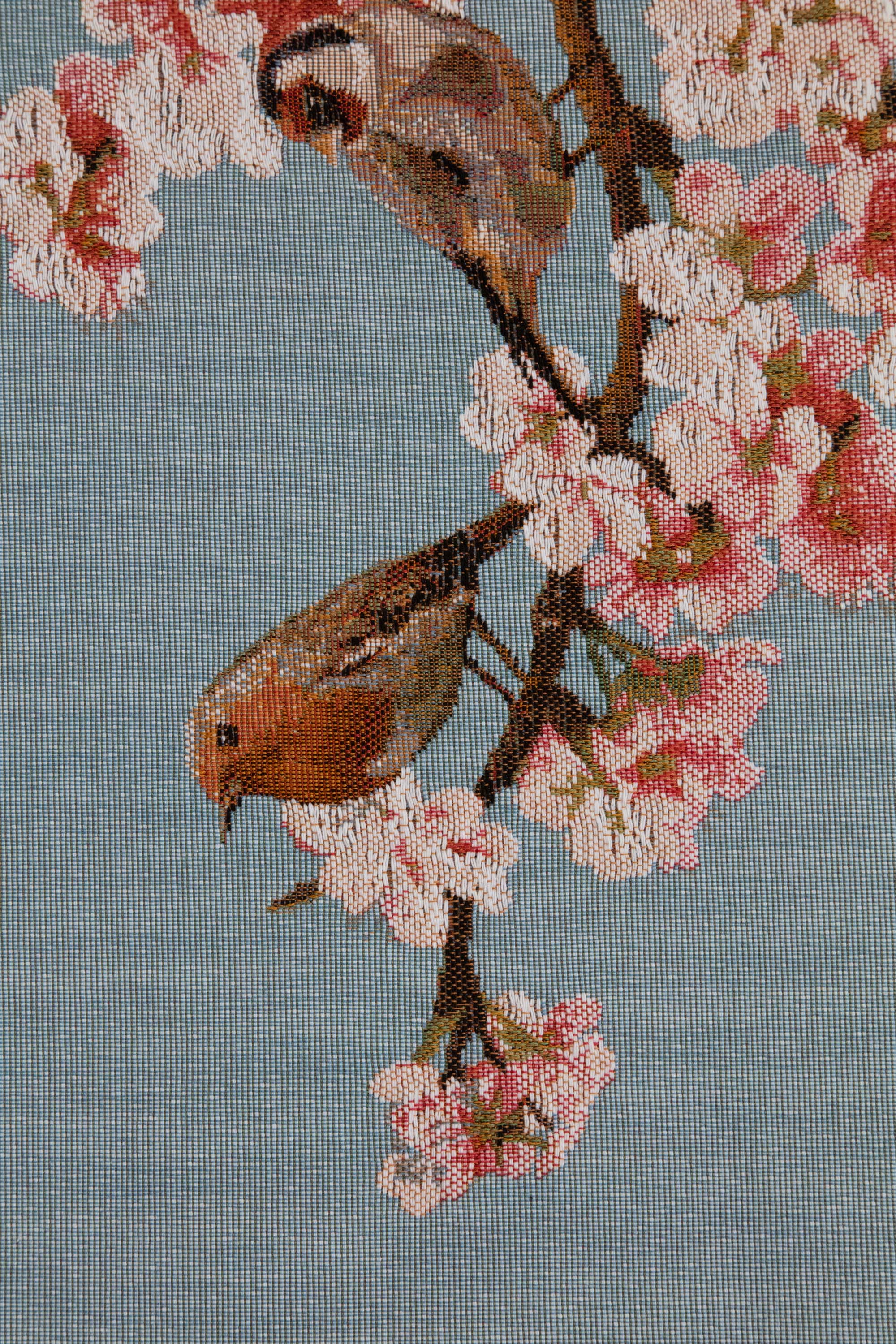 Passerines Branch Blue French Jacquard Woven Table Runner 71x19 Inch Bird Botanical Decor