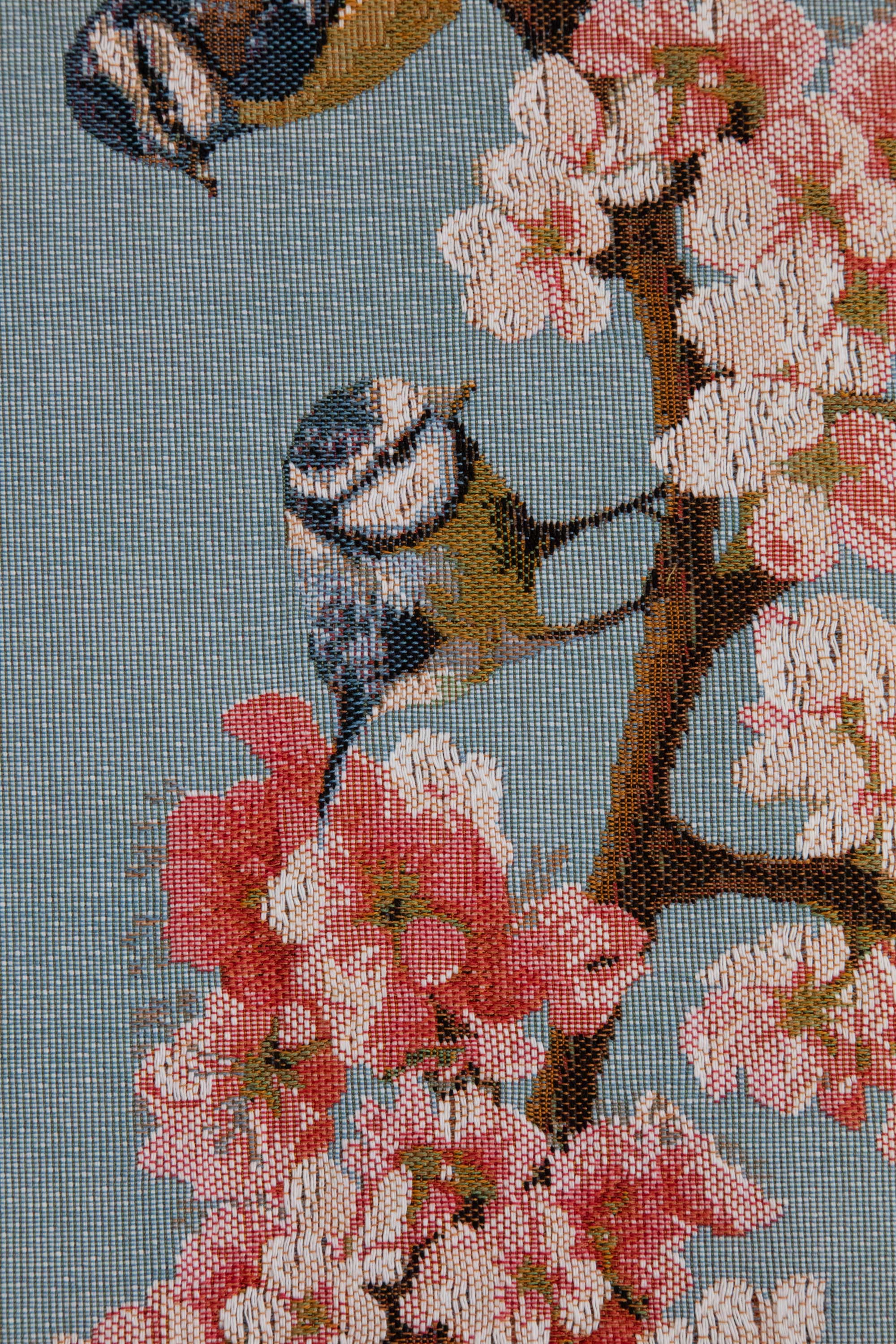 Passerines Branch Blue French Jacquard Woven Table Runner 71x19 Inch Bird Botanical Decor