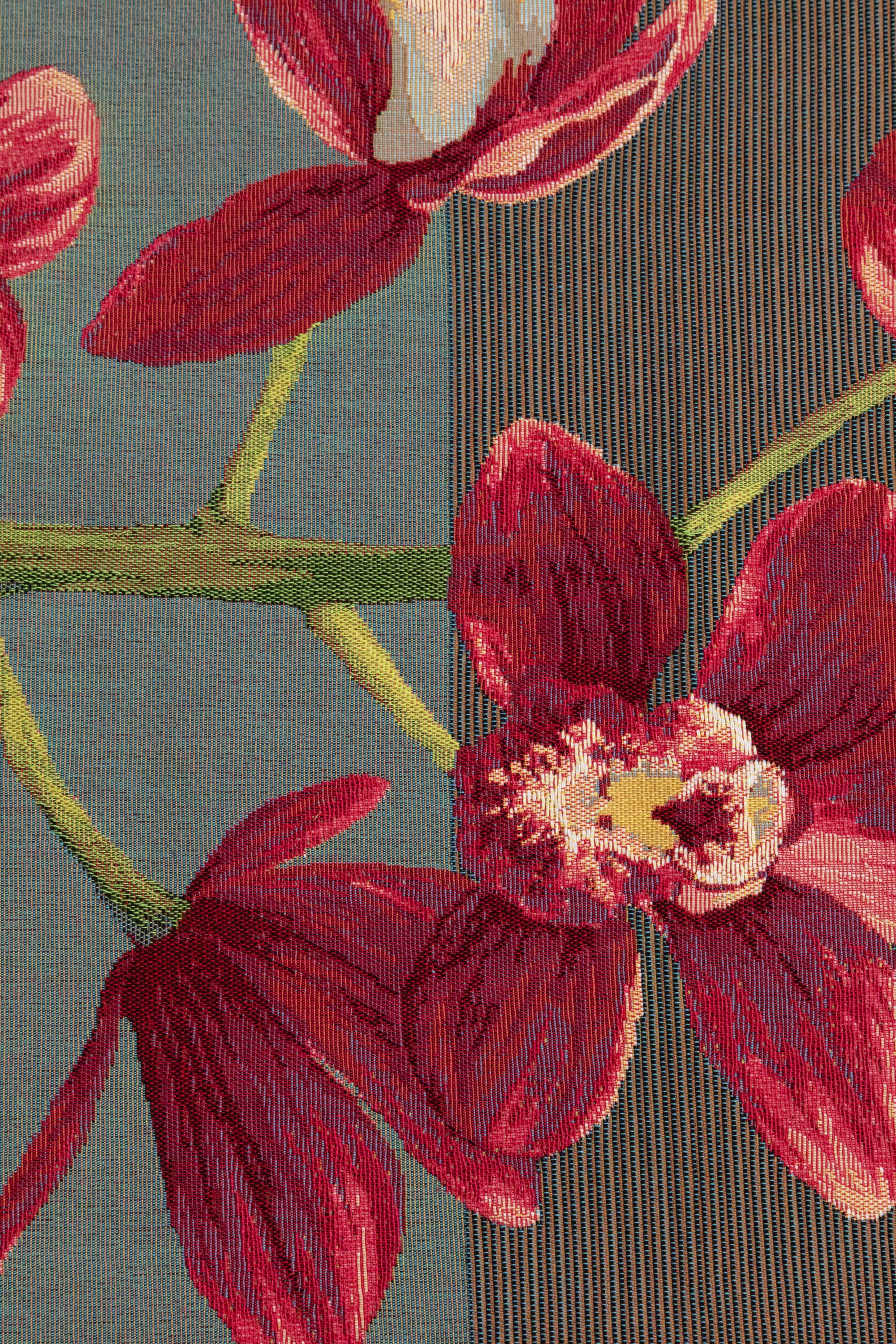 Pink Orchids Grey French Jacquard Woven Table Runner 71x19 Inch Floral Dining Decor