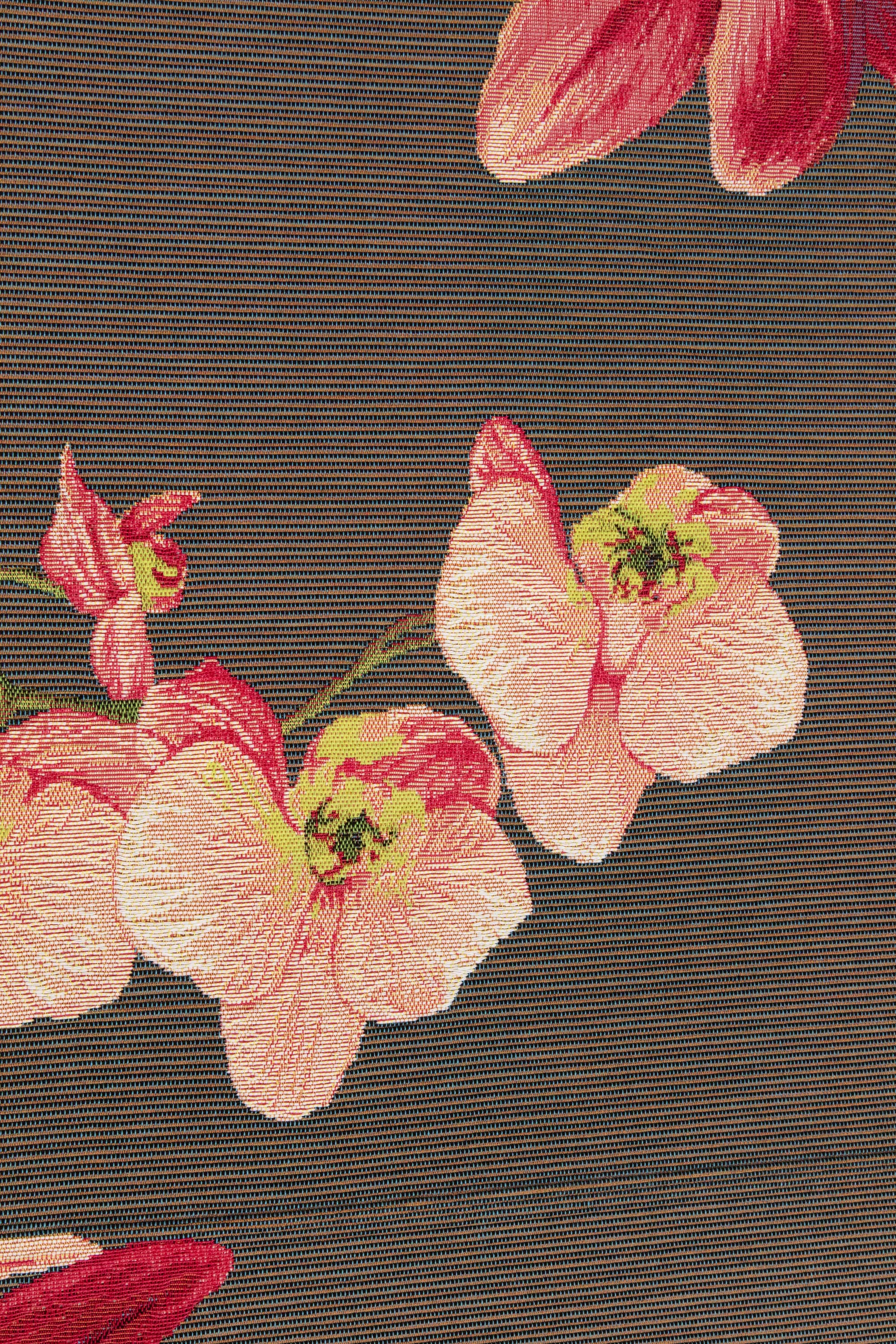 Pink Orchids Grey French Jacquard Woven Table Runner 71x19 Inch Floral Dining Decor