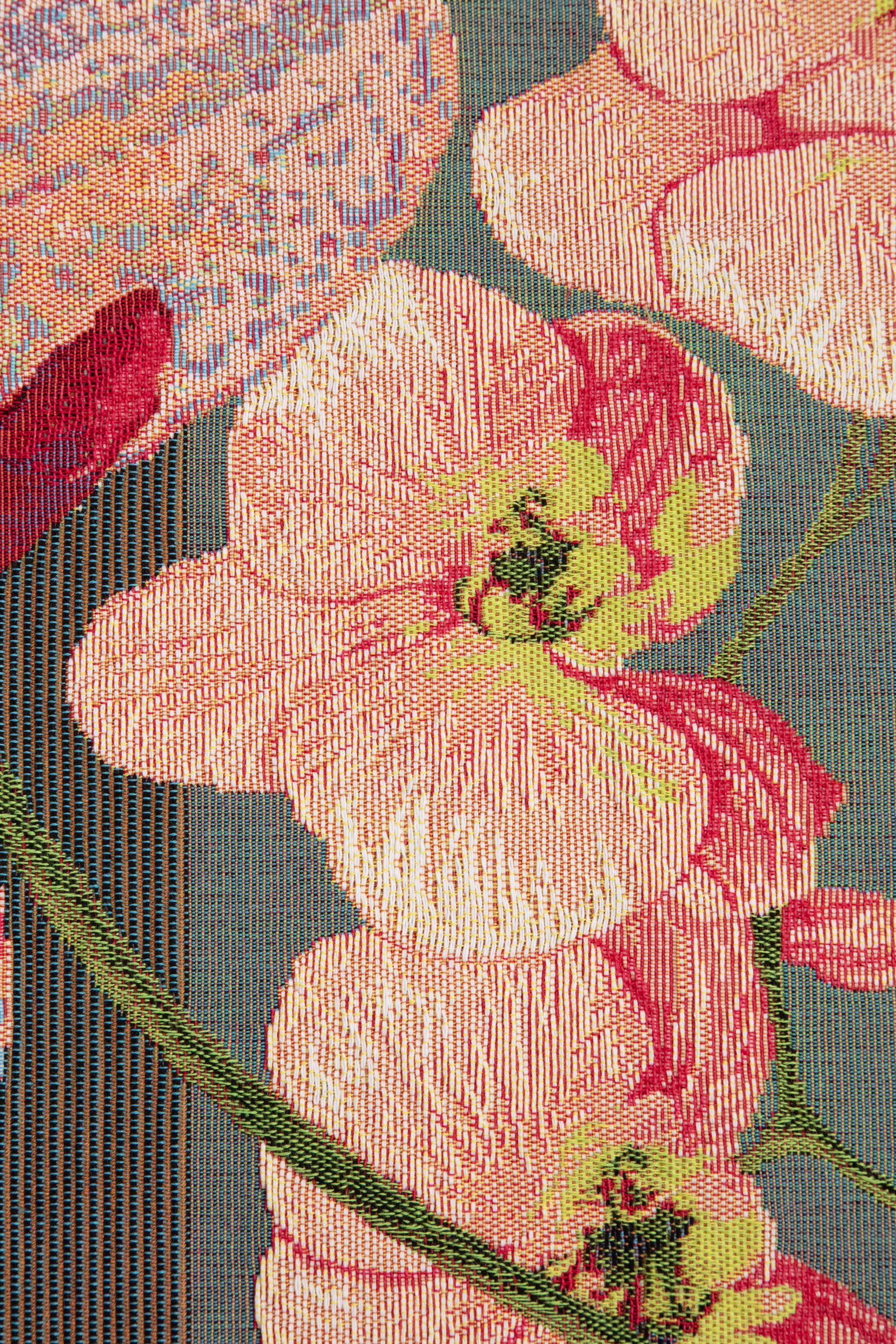 Pink Orchids Grey French Jacquard Woven Table Runner 71x19 Inch Floral Dining Decor