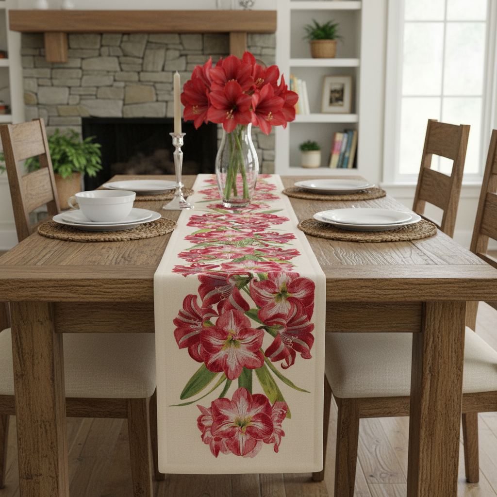 Amaryllis White French Jacquard Woven Table Runner 71x19 Inch Floral Botanical Dining Decor