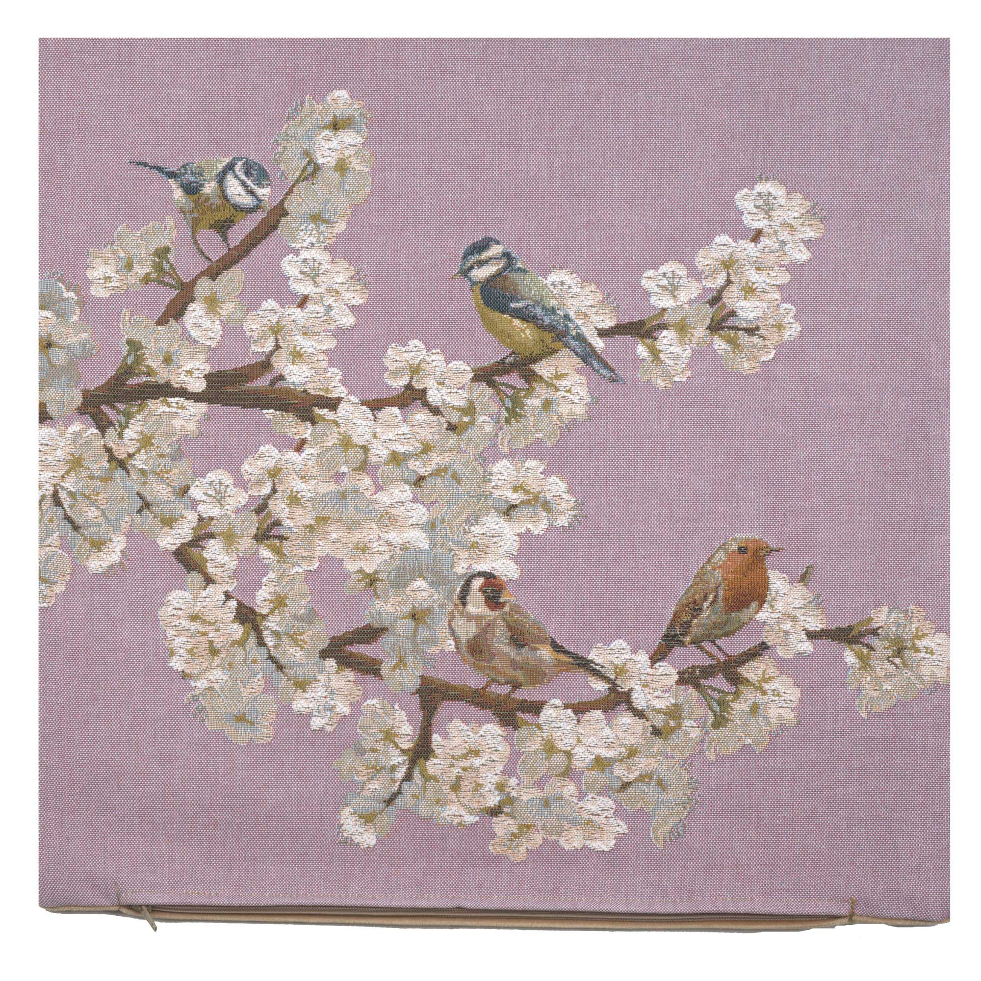 Passerines on Branch Pink French Tapestry Pillow Cover 19x19 Inch Cotton Jacquard Woven Cushion Cover