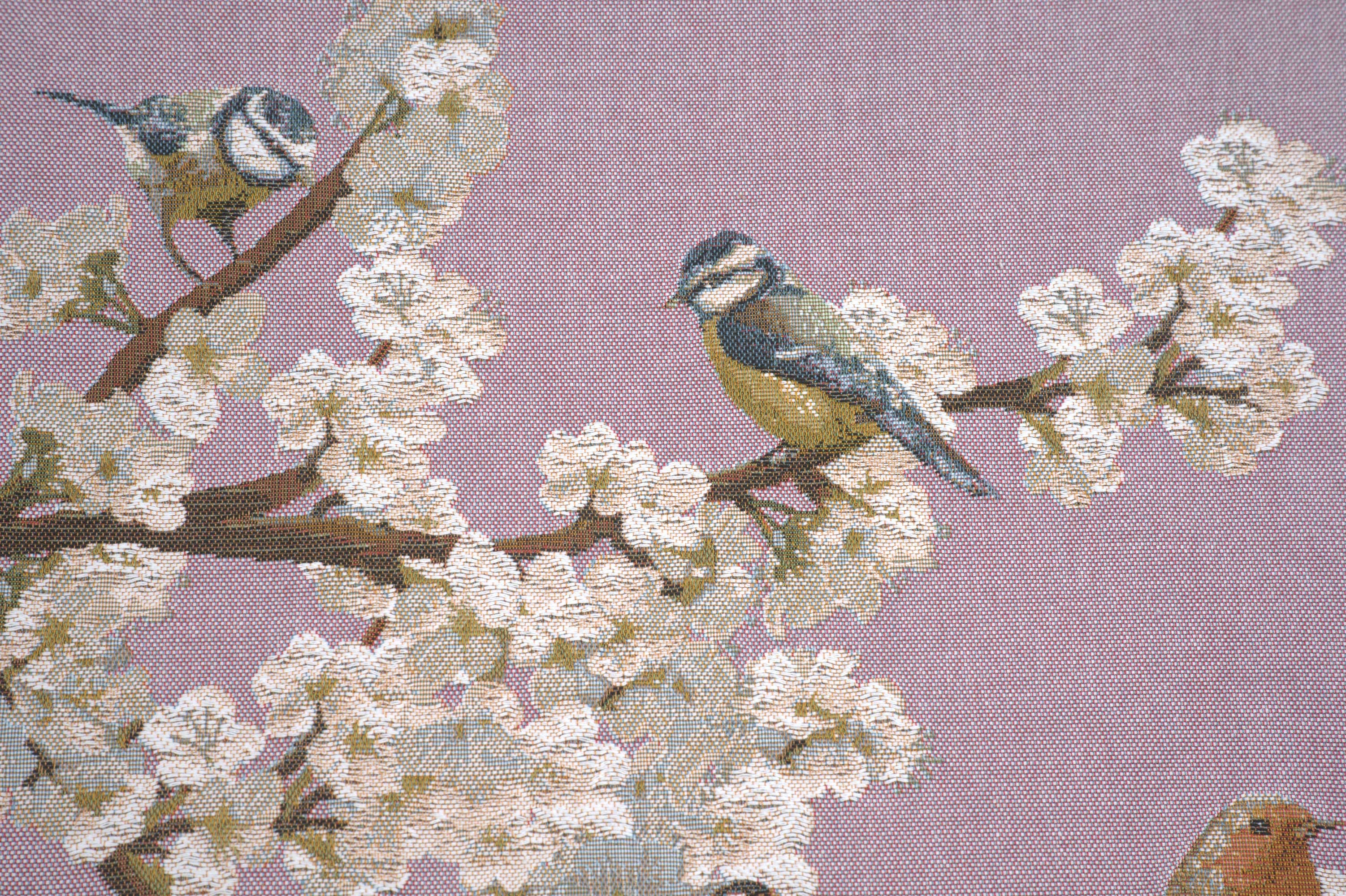 Passerines on Branch Pink French Tapestry Pillow Cover 19x19 Inch Cotton Jacquard Woven Cushion Cover