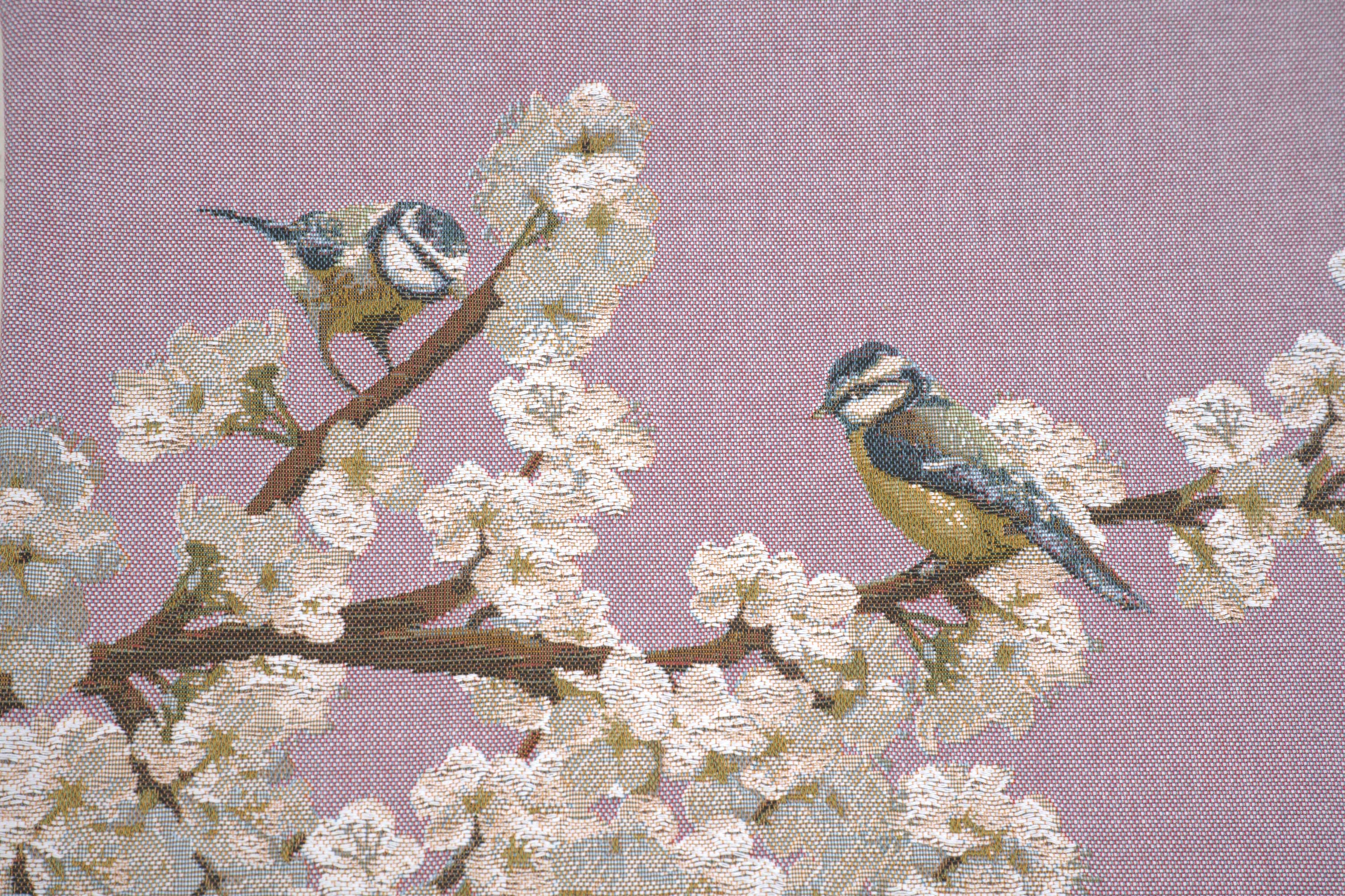 Passerines on Branch Pink French Tapestry Pillow Cover 19x19 Inch Cotton Jacquard Woven Cushion Cover