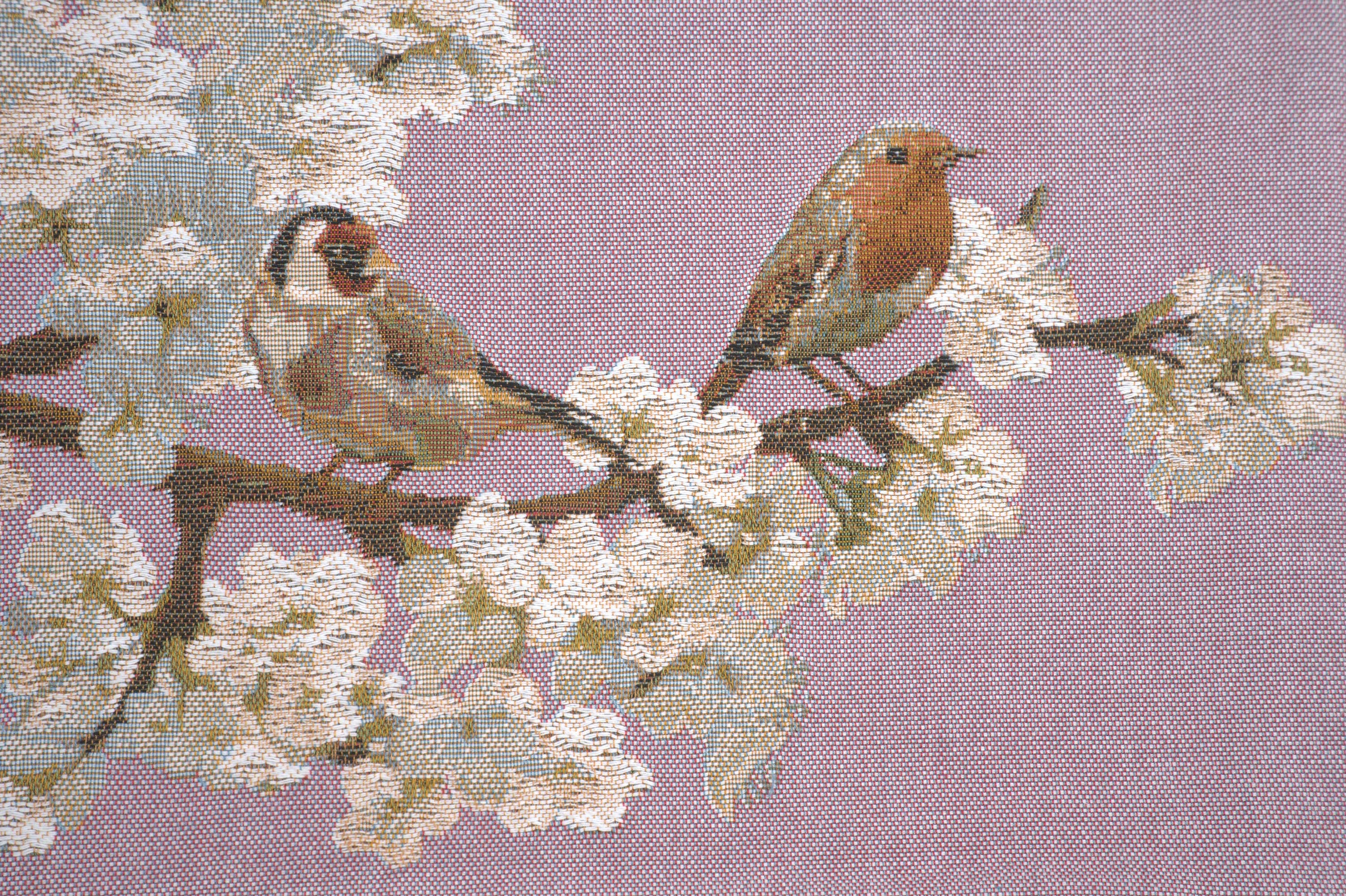 Passerines on Branch Pink French Tapestry Pillow Cover 19x19 Inch Cotton Jacquard Woven Cushion Cover